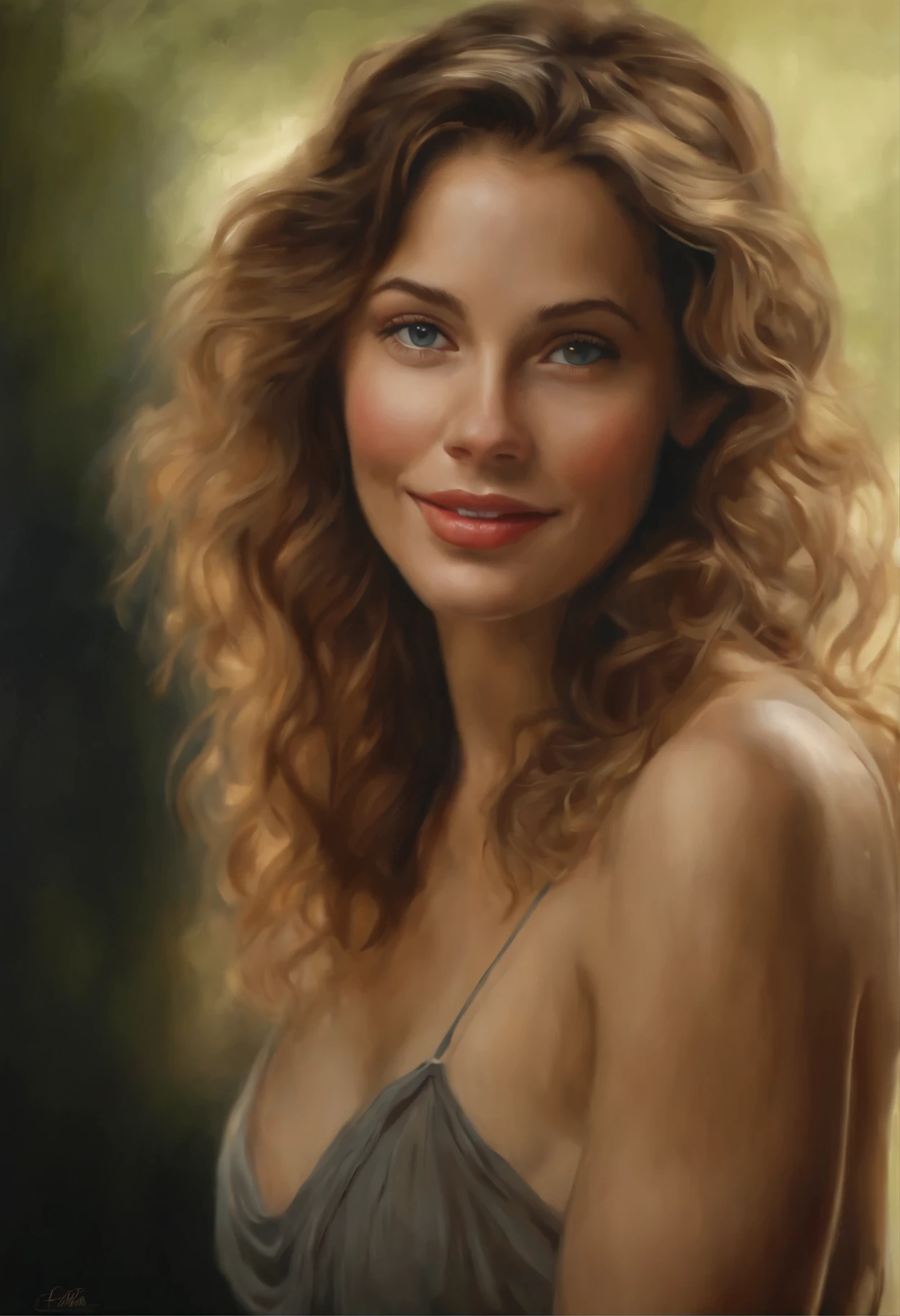 (best quality,Realistisch:1.37,photoRealistisch:1.37),Naked girl,Oil painting,detailed face and body,gentle smile,wallendes langes Haar,Weiche Haut,zarte Pinselstriche,leuchtende Farben,warme Beleuchtung,classic portrait style