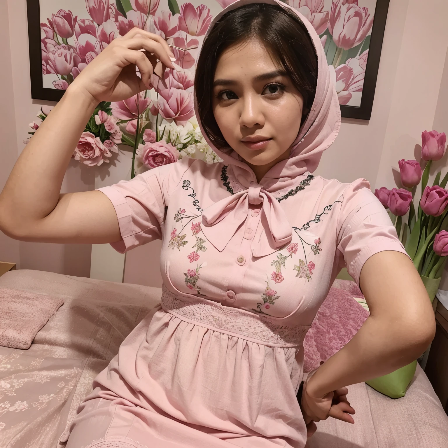 Foto selfie sebelah kanan cewe baju pink tulisan lia sebelah kiri cowo baju pink tulisan iqba