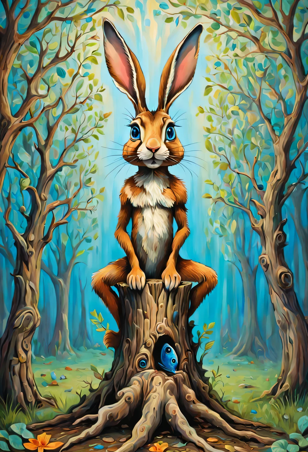 Psychedelic style in the style of Esau Andrews, cartoon hare thin and long grows out of an old stump, branches with leaves grow from the ears of a hare, the hare has big blue eyes, looking up at ears, fish with legs stand around the hare and look at the hare in surprise, Esau Andrews style, surreal oil painting, author: Do it, Southern Gothic, Art style, This is brick art, magical realism painting, pastel shades, sharp lines, small parts, described in detail, Swirling patterns, Abstract shapes, surreal, Trippy