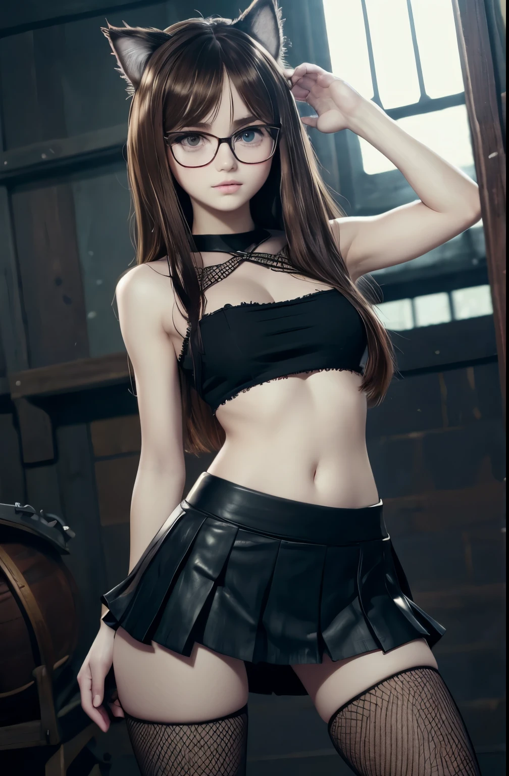 a beautiful young girl, perfect small breasts, long wavy brown hair, brown eye, eyeglasses, contemporary, Realistic Proportion, Intricate, intricate detials, sharp-focus, look at you, parororo, (slender girl), rounded face, bangs between the eyes, band on the head in the form of cat ears, torn fishnet panthyhose, pleated low waist microskirt, torn crop top, full height, game, MFBP1
