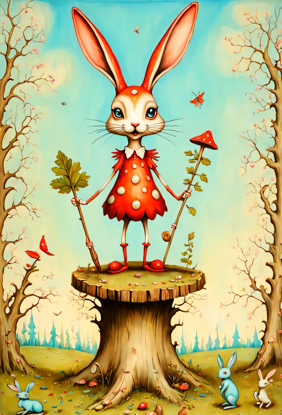 A psychedelic painting in the style of Esau Andrews, a very thin and long cartoon hare with thin legs and arms grows out of an old stump, the hare holds a drum and knocks on it, branches with leaves grow from the ears of a hare, the hare has big blue eyes, looking up at ears, the hare has blue fur, rabbit fur shown in detail, red mushrooms with legs stand around a hare and look at the hare in surprise, style (Esau Andrews:1.555), (Mark Ryden: 1.5155), (Xue Wang: 1.1155), surreal oil painting, author: Do it, Southern Gothic, art style, This is brick art, magical realism painting, pastel shades, sharp lines, small parts, described in detail, Swirling patterns, Abstract shapes, surreal, Trippy