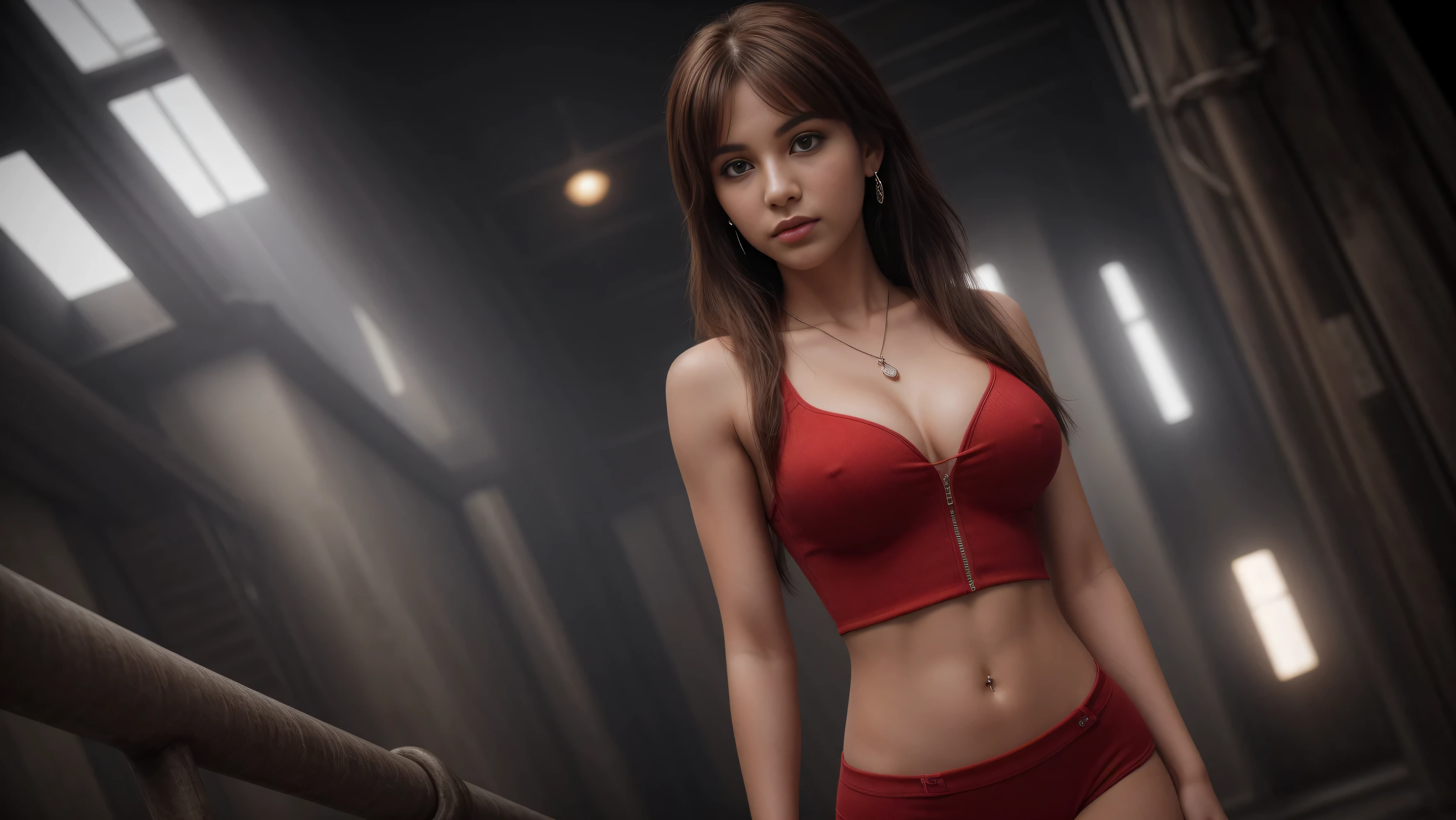 8k, masterpiece, RAW photo, best quality, photorealistic, extremely detailed CG unity 8k wallpaper, Depth of field, Cinematic Light, Lens Flare, Ray tracing, (extremely beautiful face, beautiful lips, beautiful eyes), intricate detail face, ((ultra detailed skin)), ((1girl:1.9)), (((alone:1.9))), ((ars old)), ((seductively standing alone pose)), in abandoned warehouse, deep shadow, (sharp focus), [((Raiana-Elizabeth-Dilla:1.9))], pretty girl, (very slim slender fit-muscled body:1.9), ((beautiful legs:1.5)), (mad face:1.1), (angry expression), (sexy ((ultra-short ((red:1.5)) punk-style clothes with miniskirt))), ((grunge ambience,post-apocalyptic,industrial,urban,rusty metal beams,cracked concrete floor,rock music,high energy)), (blurred background:1.4), beautiful earrings, bracelets, necklace, red pendant, clear eyes, (pale skin), ((whole-body-view:1.9)), ((full-body:1.9, cinematic shot)), soft lighting, (long dark-black hairs), (looking at viewer:1.8), cleavage breasts, (large breasts:1.4), highly detailed, ultra realistic, extremely detailed and realistic ((red:1.5)) clothes.