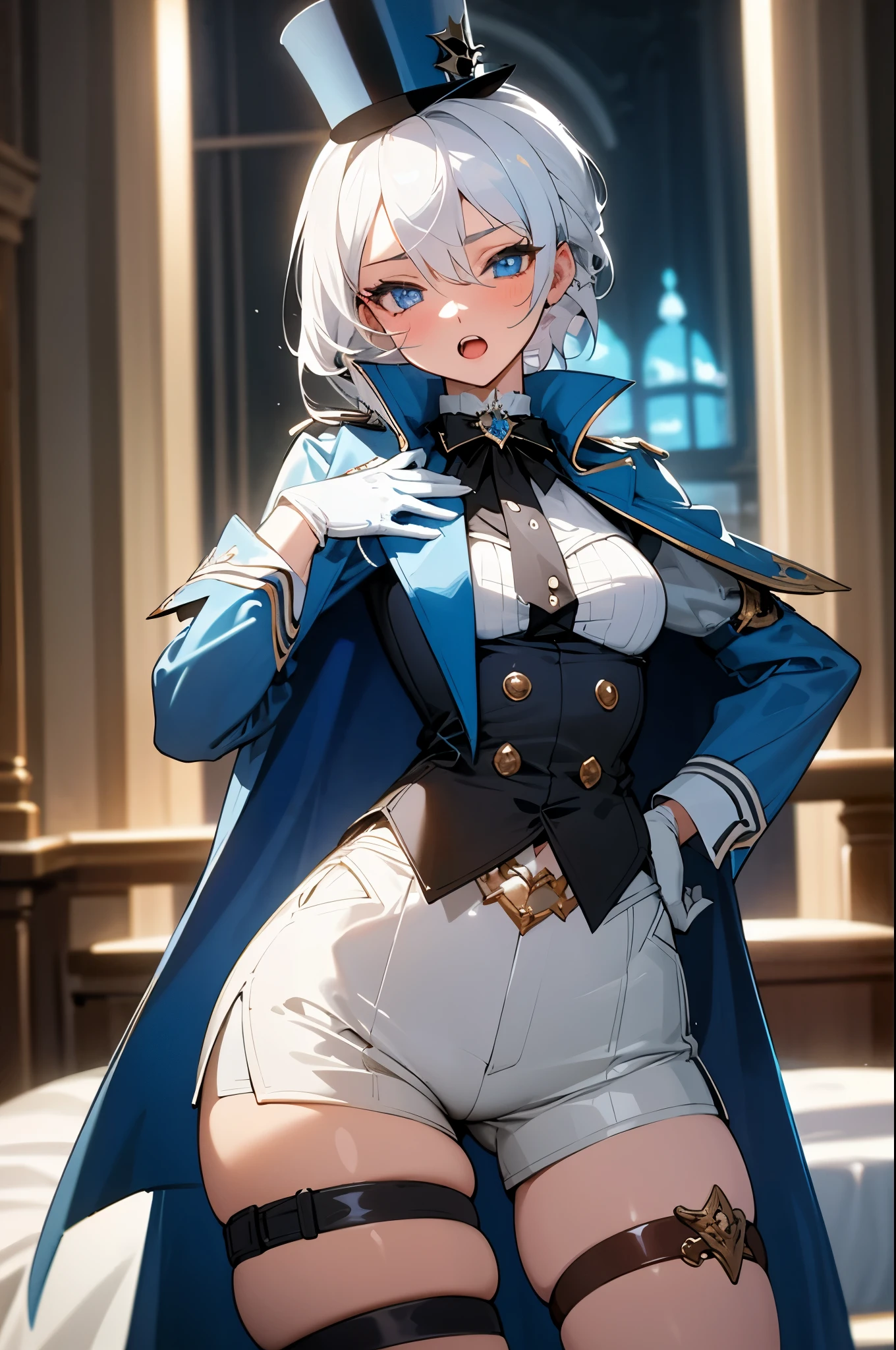Perfect Lighting, extremely details CG, (Perfect hands, Perfect Anatomy),masterpiece,1girl in,Blue eyes, white hair, Mismatched gloves, Top hat, Blue jacket, Short shorts, Thigh strap, waist cape, Looking at Viewer, Open mouth, Naughty face, put hands on the hip, Cowboy Shot, theater,inside in room