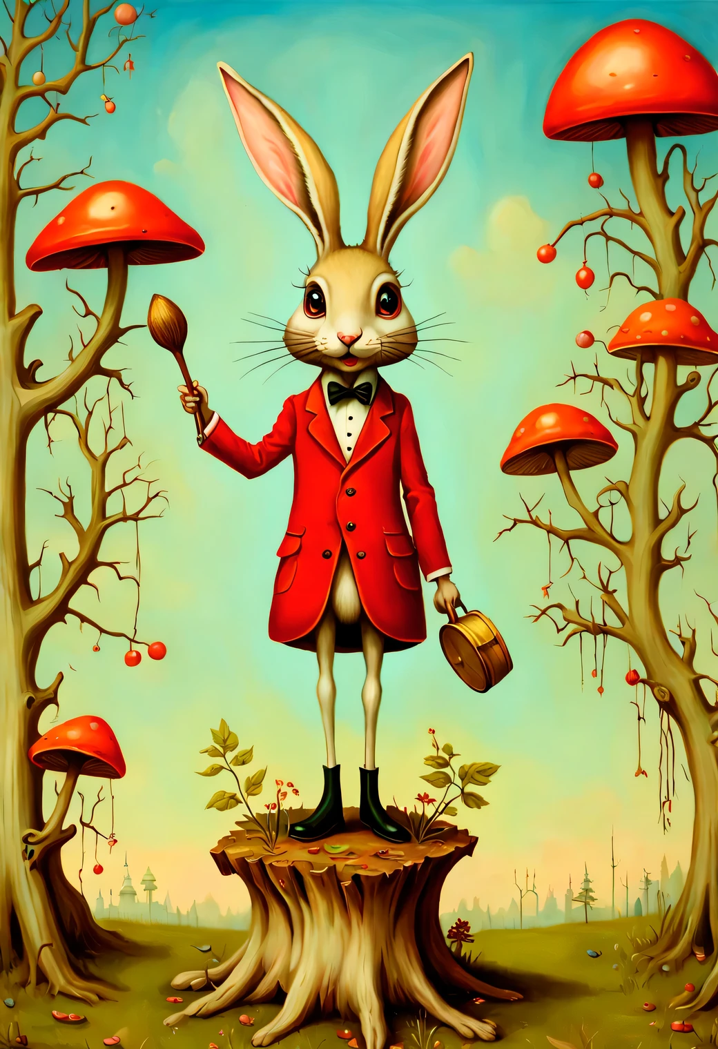 A psychedelic painting in the style of Esau Andrews, a very thin and long cartoon hare with thin legs and arms grows out of an old stump, the hare holds a drum and knocks on it, branches with leaves grow from the ears of a hare, the hare has big blue eyes, looking up at ears, the hare has blue fur, rabbit fur shown in detail, red mushrooms with legs stand around a hare and look at the hare in surprise, style (Esau Andrews:1.555), (Mark Ryden: 1.5155), (Xue Wang: 1.1155), surreal oil painting, author: Do it, Southern Gothic, art style, This is brick art, magical realism painting, pastel shades, sharp lines, small parts, described in detail, Swirling patterns, Abstract shapes, surreal, Trippy