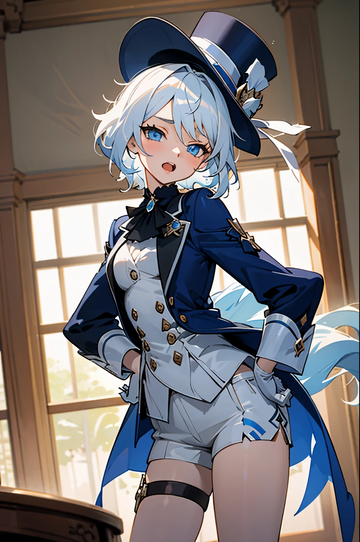 Perfect Lighting, extremely details CG, (Perfect hands, Perfect Anatomy),​masterpiece,1girl in, Freena\(GenshinImpact\),Blue eyes, white hair, Mismatched gloves, Top hat, Blue jacket, Short shorts, Thigh strap, waist cape, Looking at Viewer, Open mouth, Naughty face, put hands on the hip, Cowboy Shot, theater,inside in room