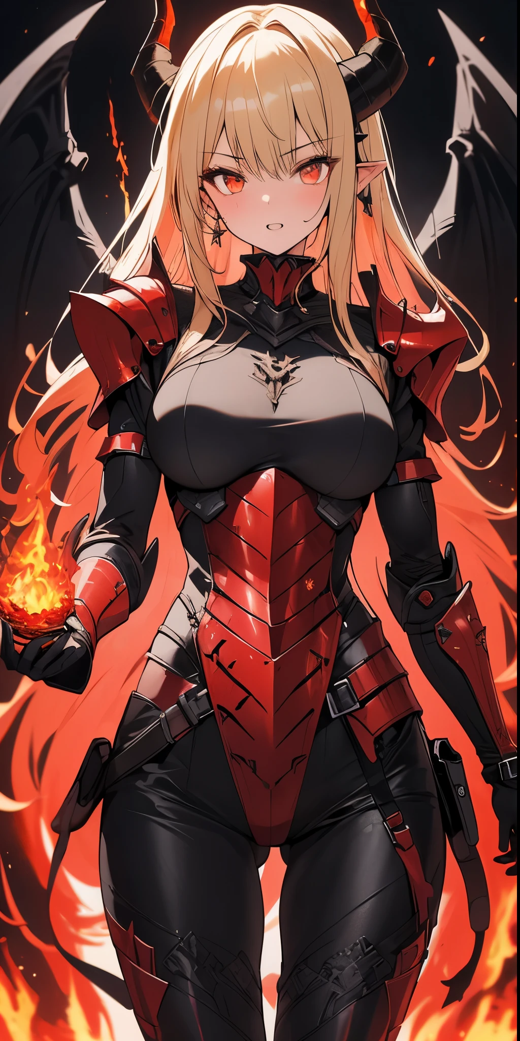 ((best quality)), ((masterpiece)), (detailed), perfect face, 1girl, solo, black and red armour, horns, ashes, molten lava, fire breath, large breasts, black legwear, ultra detailed, highest resolution, best quality, gorgeous lady