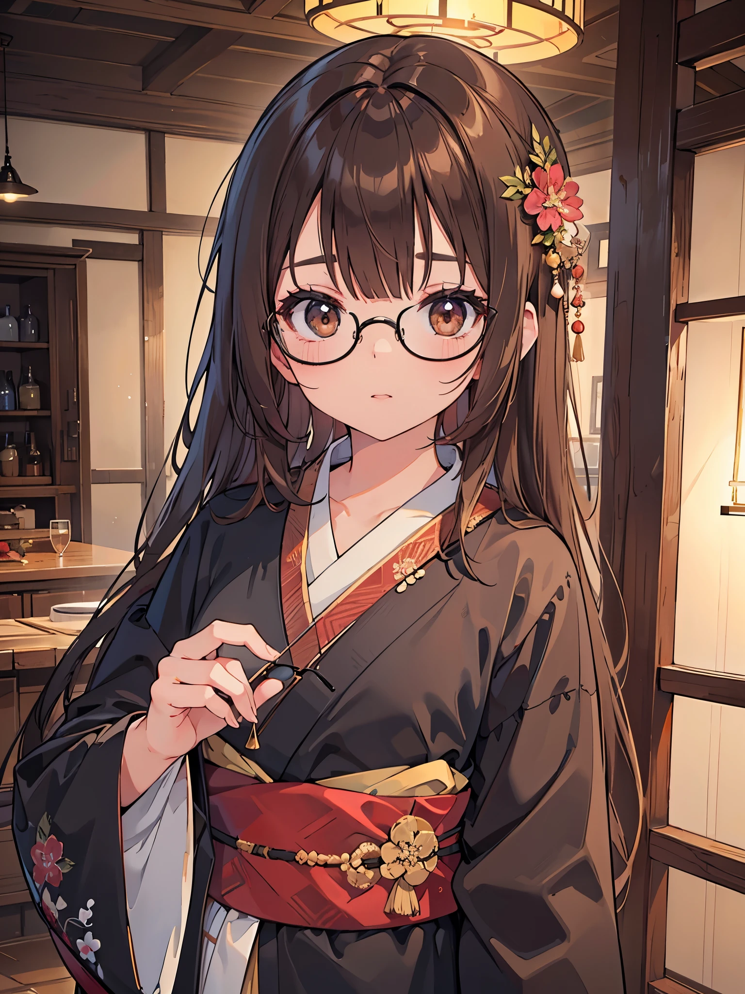 NSFW、1 woman、brown hair(long)、brown eyes、black round glasses、 best quality、Super detailed、8K resolution、Raw photo、muste piece、seductive 、gorgeous face、perfect body、kimono、hostel