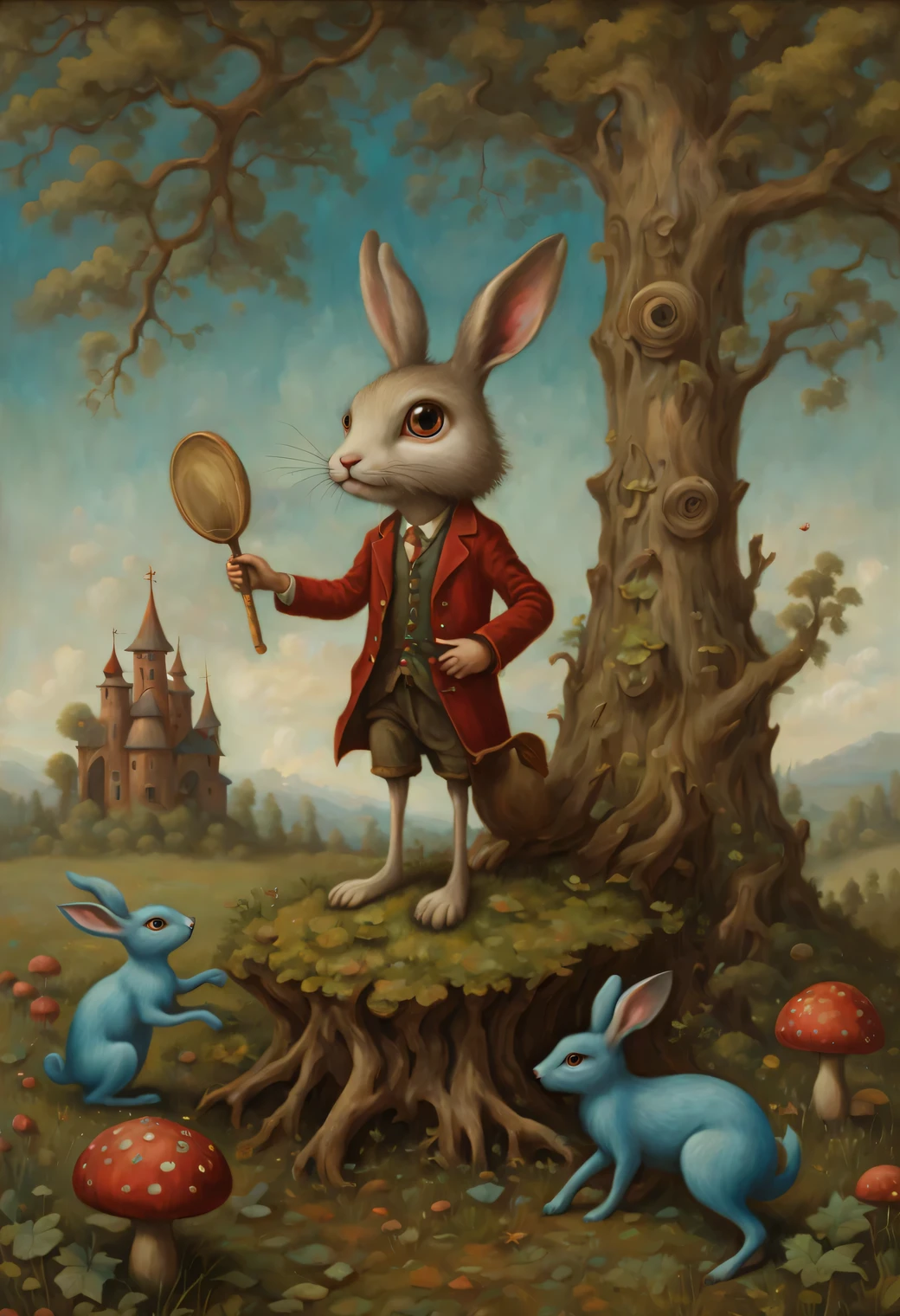 A psychedelic painting in the style of Esau Andrews, a very thin and long cartoon hare with thin legs and arms grows out of an old stump, the hare holds a drum and knocks on it, branches with leaves grow from the ears of a hare, the hare has big blue eyes, looking up at ears, the hare has blue fur, rabbit fur shown in detail, red mushrooms with legs stand around a hare and look at the hare in surprise, style (Esau Andrews:1.555), (Mark Ryden: 1.5155), (Xue Wang: 1.1155), surreal oil painting, author: Do it, Southern Gothic, art style, This is brick art, magical realism painting, pastel shades, sharp lines, small parts, described in detail, Swirling patterns, Abstract shapes, surreal, Trippy
