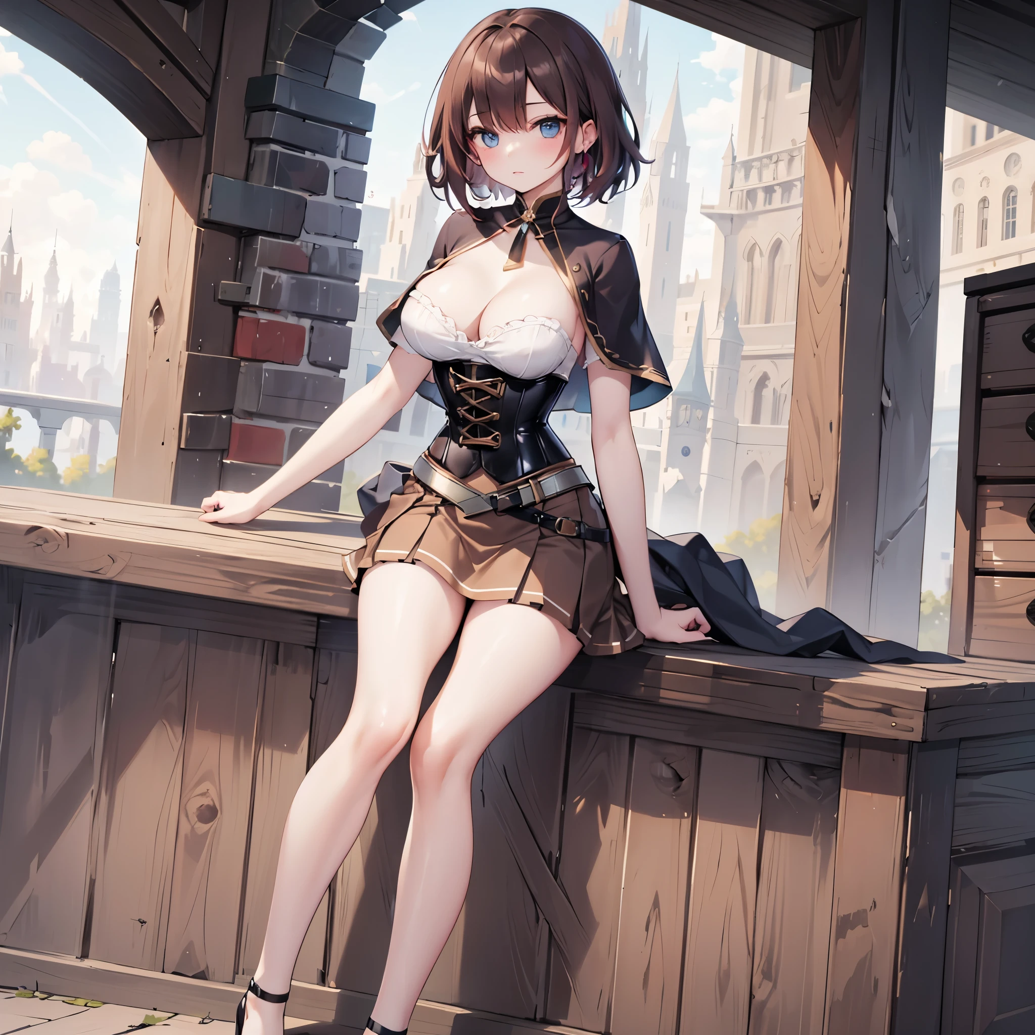 (solo 1 skinny young girl :1.2), the middle ages, (red short hair:1.2), (short dress:1.2), (plunging neckline), wiry corset (emphasize cleavage), very short torso, (inconceivably thin narrow waist), short (brown capelet), BREAK, (very short brown skirt:1.2), emphasize thigh gap, (thin long legs), BREAK, (12th Century Europe)