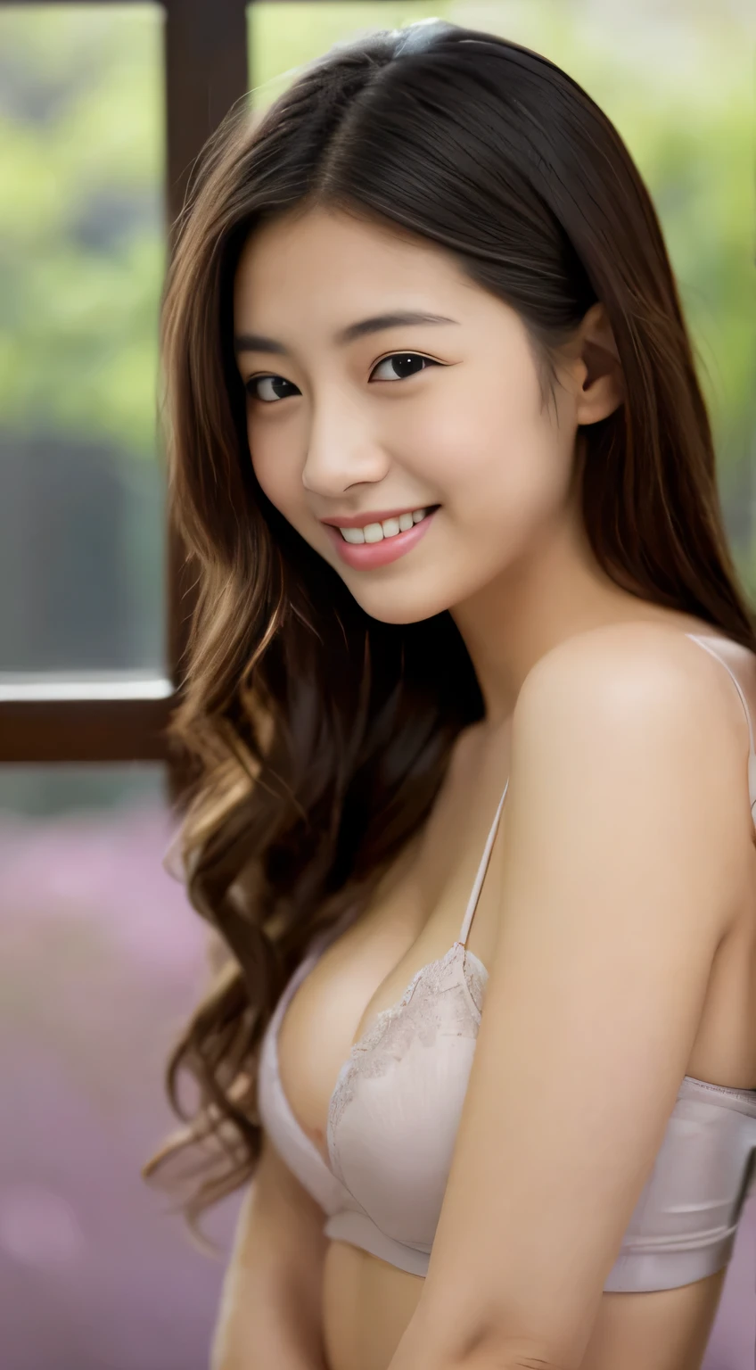 Japanese ),((beautiful girl)),cleavage,An expression that imagines something pleasant:1.2,(perfect body beauty:1.2),((perfect body)),(shy smile),beautiful teeth,