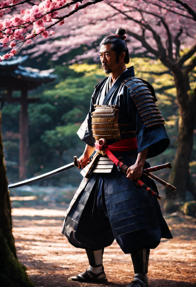 best quality,4k,8k,highres,masterpiece:1.2,ultra-detailed,realistic,photorealistic:1.37,spectacular image of a samurai,traditional Japanese art,samurai armor,exquisite katana,graceful movements,stoic expression,detailed facial features,rays of sunlight streaming through the trees,dramatic lighting,falling cherry blossom petals,honor and bravery,expertly crafted details,strong and powerful stance,dynamic composition,vivid colors,contrast between light and shadow,masterful brushwork,subtle textures,authentic Japanese art style,unique historical narrative,warrior's tranquility,