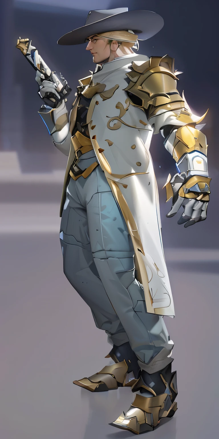 one wearing a hat、wearing coat、Close-up of man holding gun, Xin Haicheng ( pinnacle legend ), baptiste From Overwatch, heavy white and gold armor, Expert high-detail concept art, sigma From Overwatch, Detailed full body concept, heroic character, full body details, As an Overwatch character, Human male paladin, From Overwatch