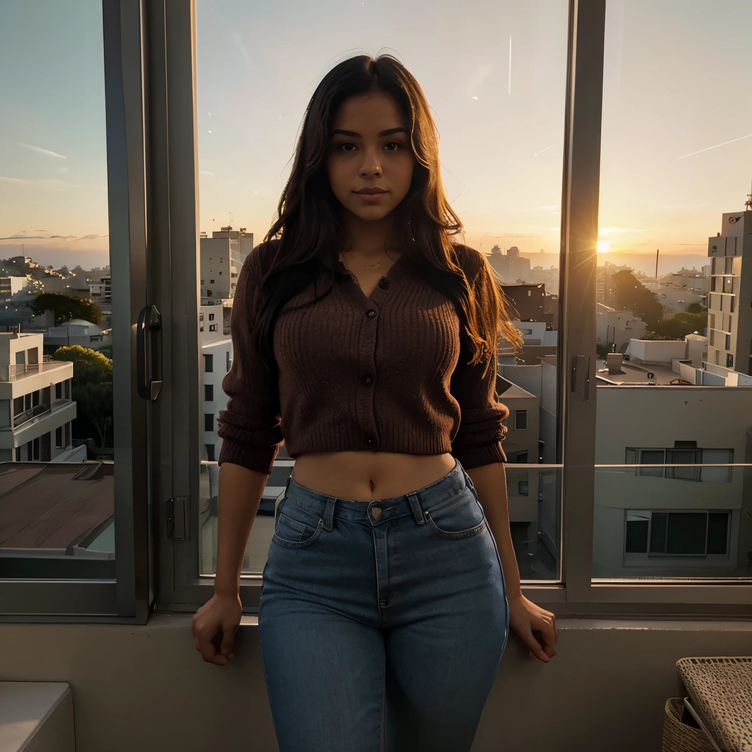 latina in san fransisco hay sunset on apartment window clothed 