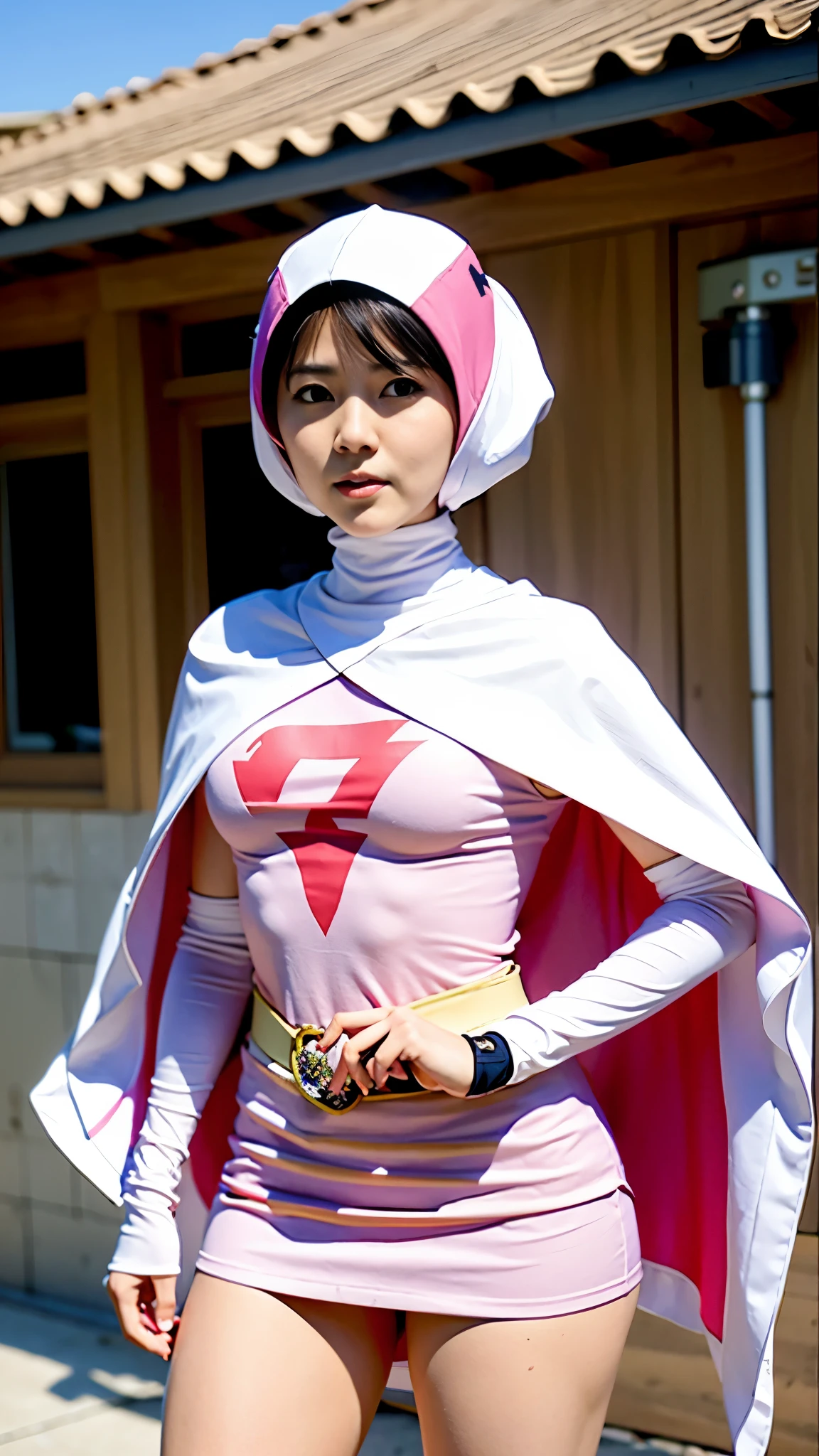 Alafi wearing a pink and white costume and cloak, IU Lee Ji Eun plays a super villain, with cloak, close up photo, cosplay photo, anime cosplay, full cosplay, Inspired by Hiromu Arakawa, by Akira Toriyama, ayaka cosplay, close up shot, echo from overwatch, Park Shin Hye plays a super villain, As an Overwatch character