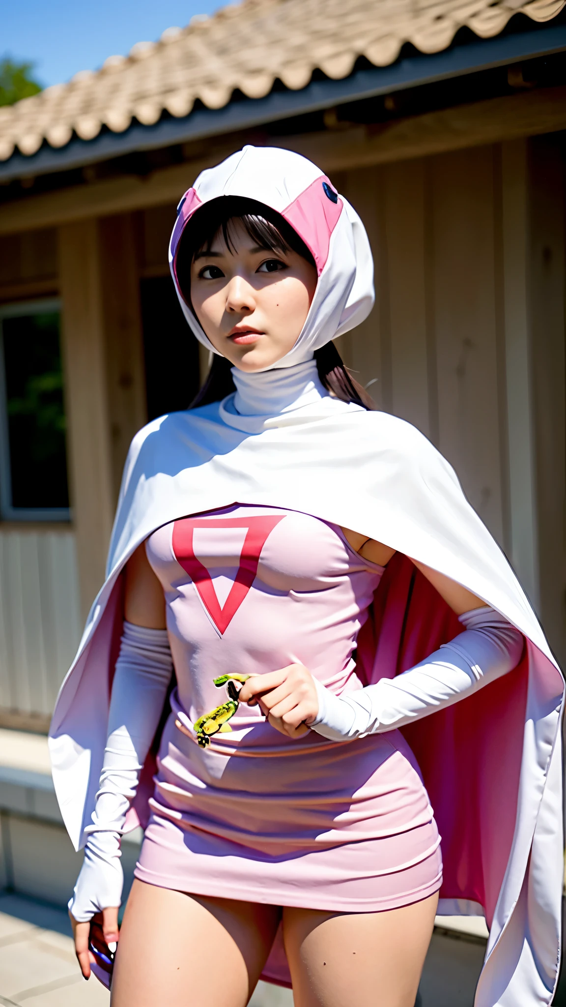 Alafi wearing a pink and white costume and cloak, IU Lee Ji Eun plays a super villain, with cloak, close up photo, cosplay photo, anime cosplay, full cosplay, Inspired by Hiromu Arakawa, by Akira Toriyama, ayaka cosplay, close up shot, echo from overwatch, Park Shin Hye plays a super villain, As an Overwatch character