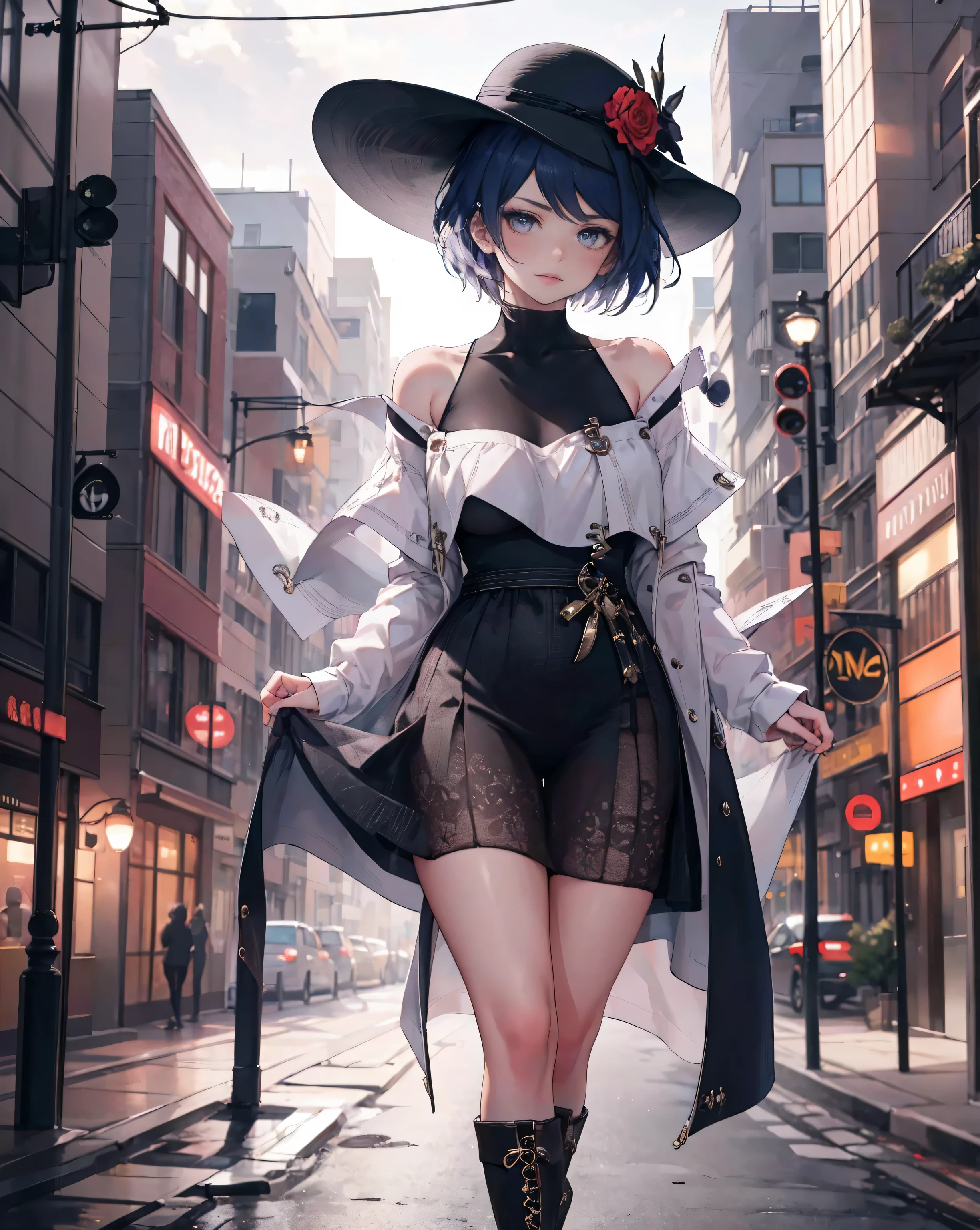 (best quality,4k,height:1.2),Portrait,Beautifully detailed eyes,Beautifully detailed lips,girl,have a hat,wide chest,outdoor,road,building,cowboy boots,illustration,very detailed,realistic,bright colors,Warm colors,sunlight,morning glow,soft shadow,city scenery,Retro atmosphere,Characteristic architecture,Cozy atmosphere,Bokeh lights,road artist inspiration,Impressive depth,Professional masterpiece,Sharp focus