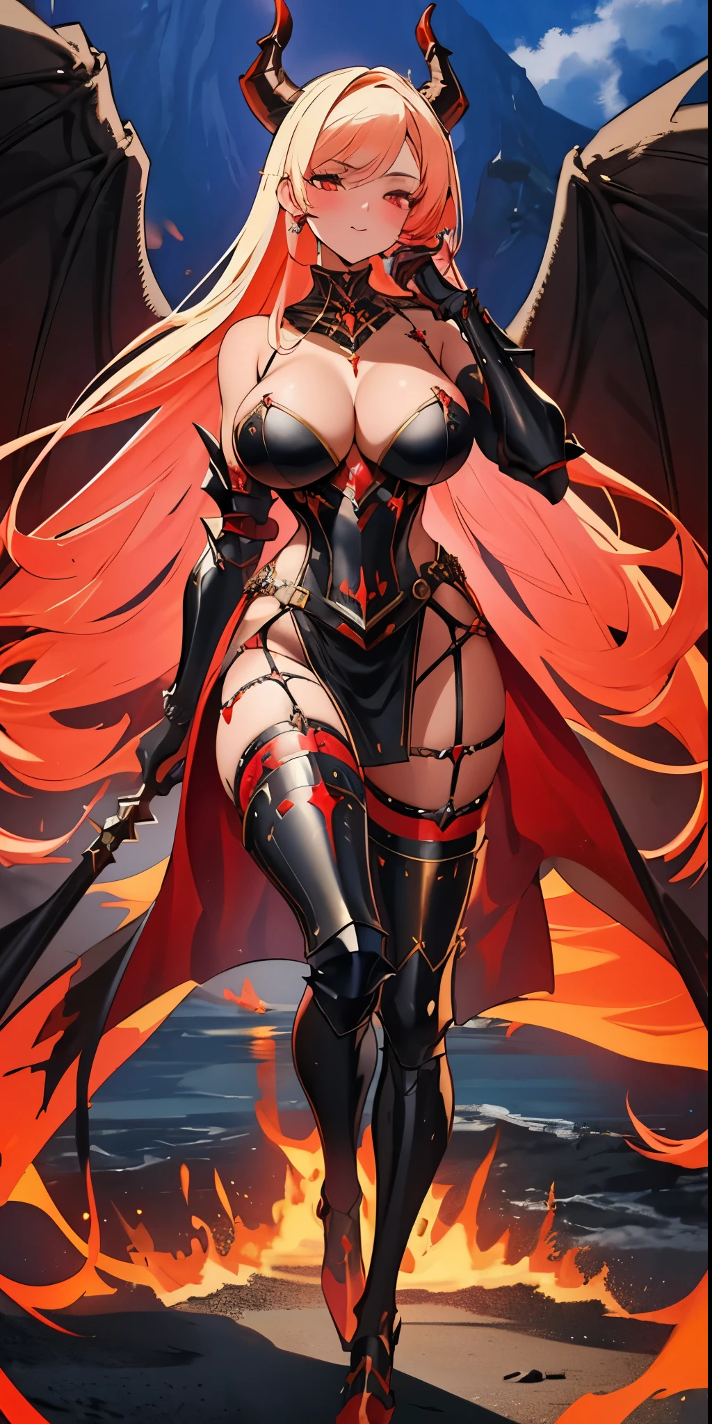 ((best quality)), ((masterpiece)), (detailed), perfect face, 1girl, solo, black and red armour, horns, ashes, molten lava, fire breath, large breasts, black legwear, ultra detailed, highest resolution, best quality, gorgeous lady