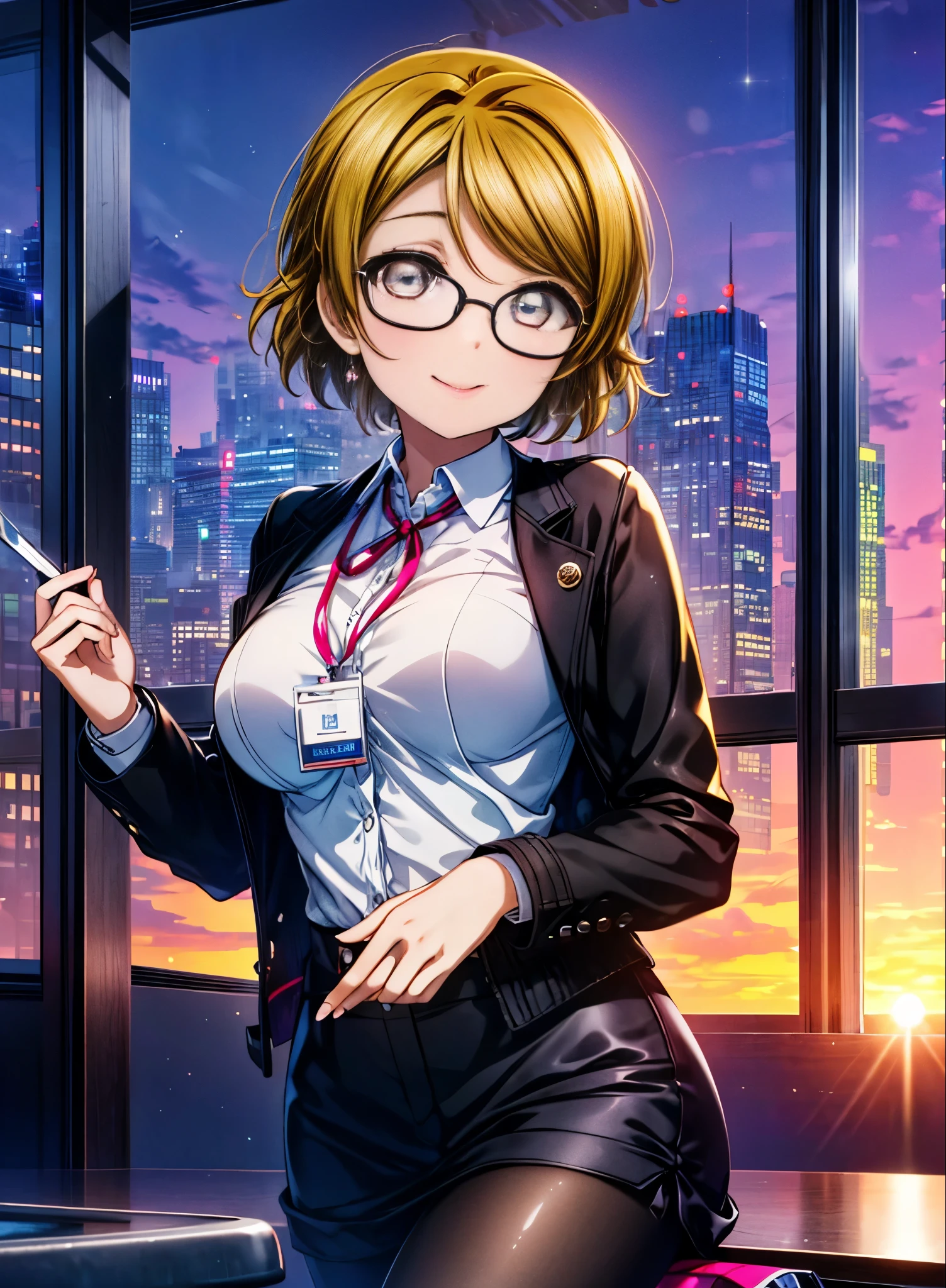 8k,highest quality,masterpiece,(((pixel perfect, Perfect in every detail))), alone, 1 girl, Hanayo Koizumi,, looking at the viewer, smile,light brown hair,long hair,purple ruby eyes,Black Abyss Glasses,big breasts , OL, red glasses, end, black suit jacket, collared jacket, white dress shirt, collared shirt, neckline, button, strap, ID card on neck, black skirt, black pantyhose,business bag heels,city,evening,sunset,(masterpiece:1.2), highest quality, High resolution, unity 8k wallpaper, (shape:0.8), (beautiful and detailed eyes:1.6), highly detailed face, perfect lighting, Very detailed CG, (perfect hands, perfect anatomy),