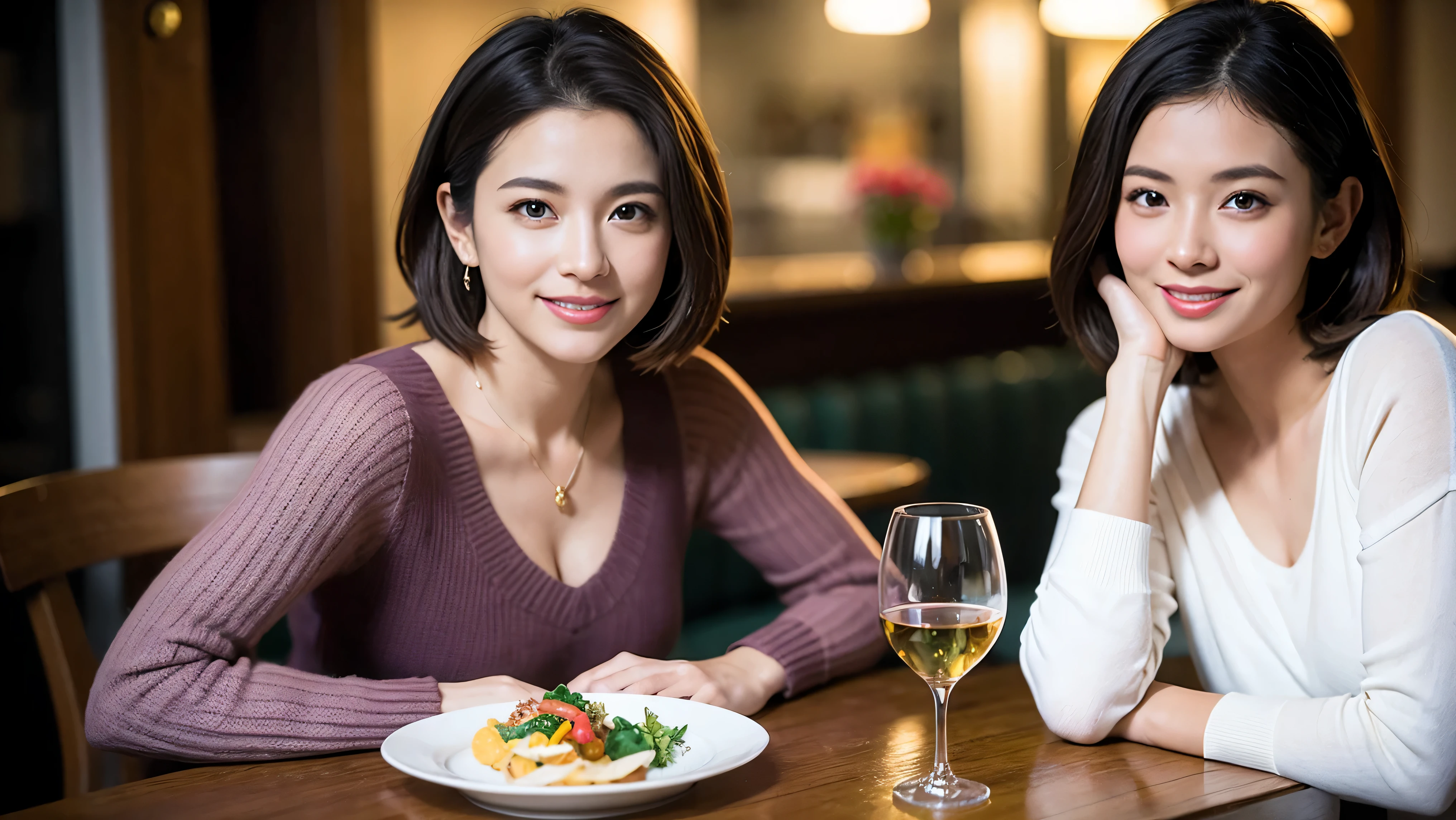 (including 64k、nffsw、highest quality、masterpiece:1.2)、(realistic、Photoreal:1.37)、Super detailed、wine glass、while enjoying wine、mature woman、two beautiful women、(slim face)、(because I&#39;thin)、（brown hair）、(shortcut)、Latino、smileのフランス人女性、happy italian girl、british woman、Americana、cheeks are a little red、(38 years)、42 years old、red wine、窓の外には美しく緻密なnight景が広がります.......、restaurant、目立つ場所にあるwine glass、night、(from the waist up)、sit on top、date、(laughter:1.15)、thin and beautiful eyes、cashmere sweater、long sleeve dress、Japanese、(short hair:1.2)、Float NovaFrogStyle、、modeled、from the waist up、White wine、turned into slime、wine glass、超綺麗なnight景、wine glassを真ん中に置きます、smile、(8k、RAW photo、highest quality、masterpiece:1.2)、(realistic、Photoreal:1.37)、Super detailed、ultra high resolution、2 females、see the beholder、beautiful and detailed face、laughter、narrow、(slim waist) :1.3)、knit shirt、Fine and beautiful skin、skin texture、floating hair、professional light needle breast、kind eyes
