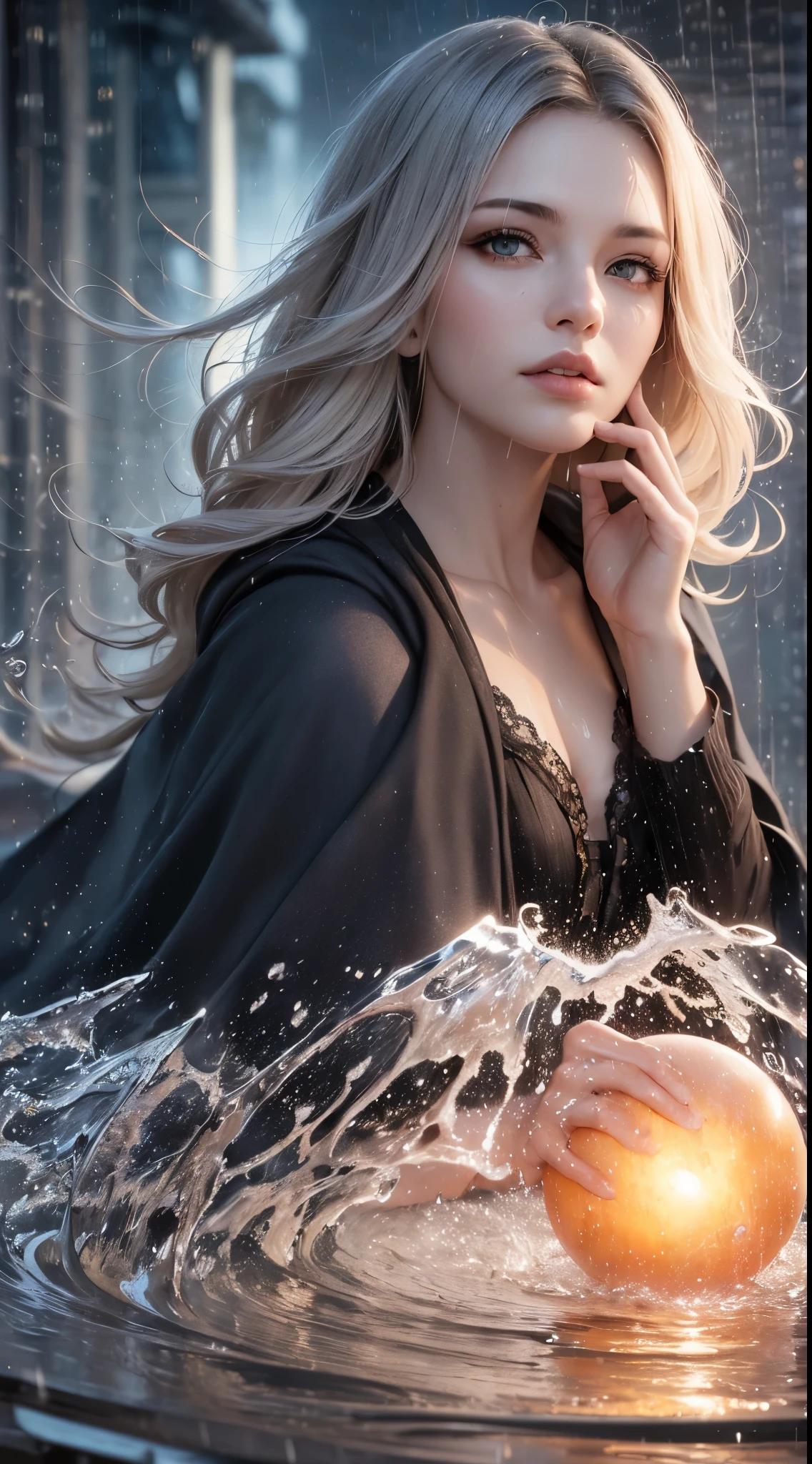 (skin dents:1.5), realistic, realistic, (table top:1.5), concept art, intricate details, very detailed, realistic, octane rendering, 8k, unreal engine, dynamic pose, highest quality, High resolution, (realistic face:1.1), (超realistic:1.1), ((full_body)), perfect eyes,(shiny skin:1.2), (((hairstyle))), (((完璧な手のvery detailed背景), haunted island, ((dynamic background)), ((lightning)), (light), (1 girl), wearing a cloak, (((flowing cloak))), ((fine eyes, high quality eyes, high quality face)), long hair, (((flowing hairstyle))), 1 girl ((Control the water)), (((whirlwind of water))), Ocean, tsunami, magic, (create a dramatic, Depth of the bounds written, Bokeh, 4k, gothic, ((rain)), energy ball between hands