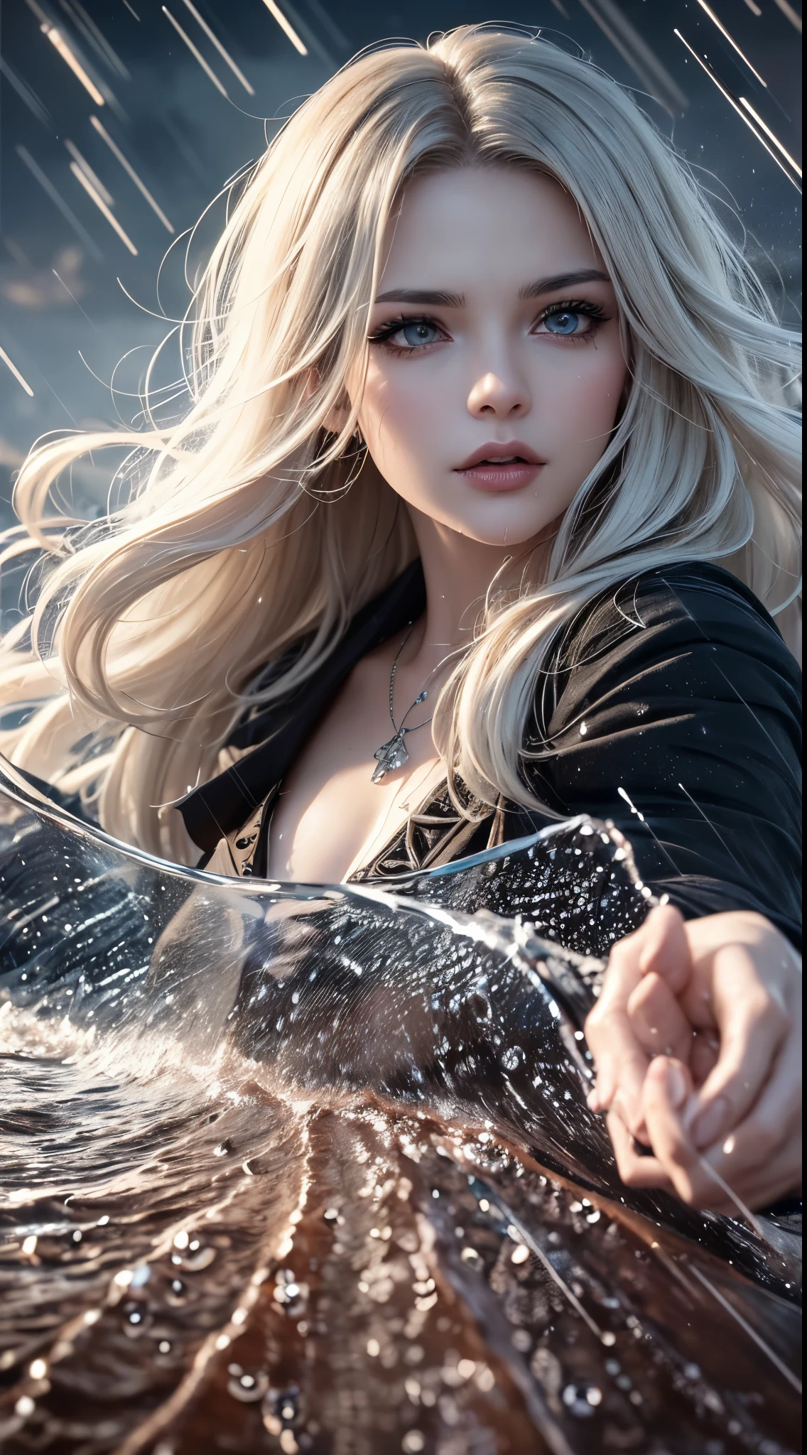 (skin dents:1.5), realistic, realistic, (table top:1.5), concept art, intricate details, very detailed, realistic, octane rendering, 8k, unreal engine, dynamic pose, highest quality, High resolution, (realistic face:1.1), (超realistic:1.1), ((full_body)), perfect eyes,(shiny skin:1.2), (((hairstyle))), (((完璧な手のvery detailed背景), haunted island, ((dynamic background)), ((lightning)), (light), (1 girl), wearing a cloak, (((flowing cloak))), ((fine eyes, high quality eyes, high quality face)), long hair, (((flowing hairstyle))), 1 girl ((Control the water)), (((whirlwind of water))), Ocean, tsunami, magic, (create a dramatic, Depth of the bounds written, Bokeh, 4k, gothic, ((rain)), energy ball between hands