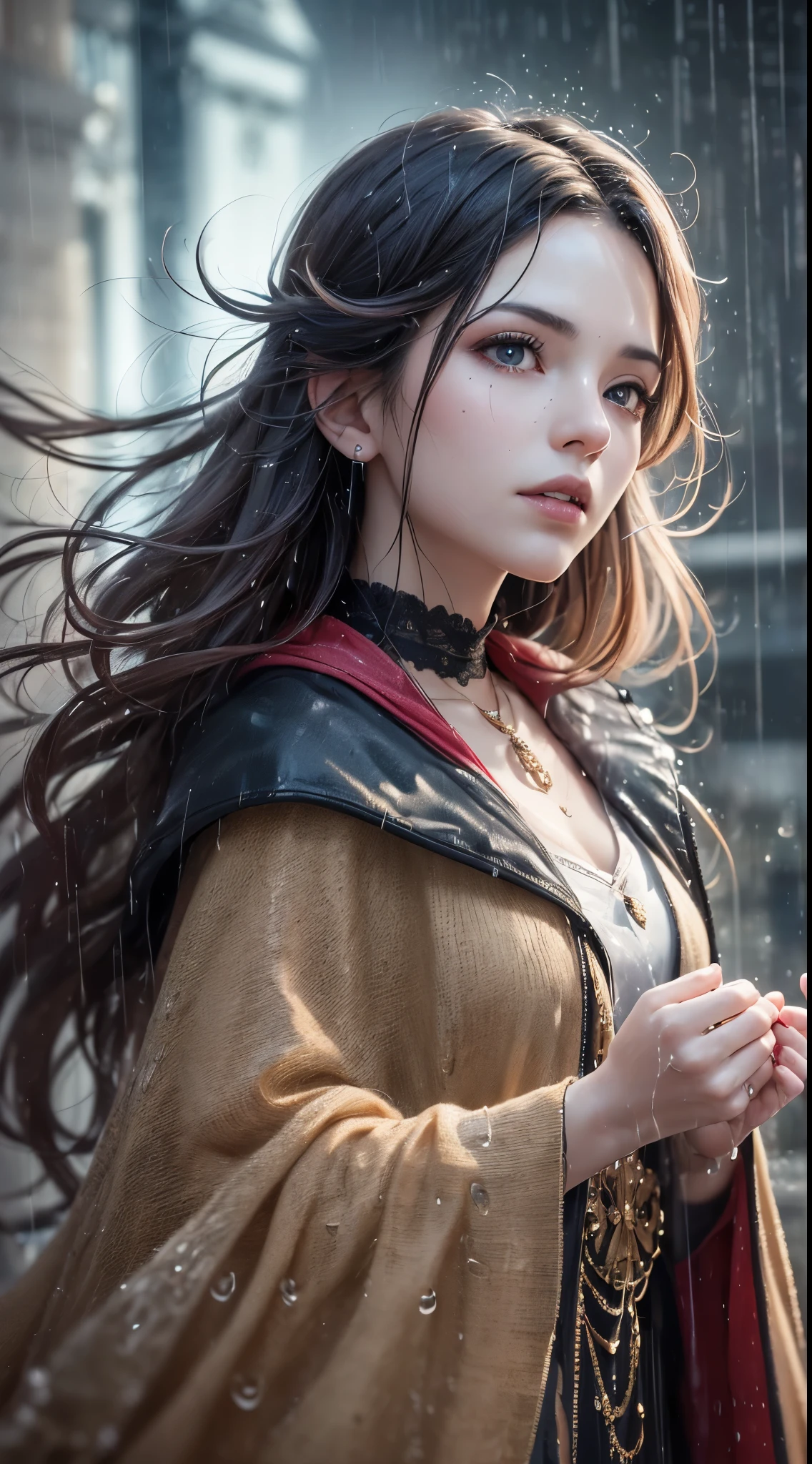 (skin dents:1.5), realistic, realistic, (table top:1.5), concept art, intricate details, very detailed, realistic, octane rendering, 8k, unreal engine, dynamic pose, highest quality, High resolution, (realistic face:1.1), (超realistic:1.1), ((full_body)), perfect eyes,(shiny skin:1.2), (((hairstyle))), (((完璧な手のvery detailed背景), haunted island, ((dynamic background)), ((lightning)), (light), (1 girl), wearing a cloak, (((flowing cloak))), ((fine eyes, high quality eyes, high quality face)), long hair, (((flowing hairstyle))), 1 girl ((Control the water)), (((whirlwind of water))), Ocean, tsunami, magic, (create a dramatic, Depth of the bounds written, Bokeh, 4k, gothic, ((rain)), energy ball between hands