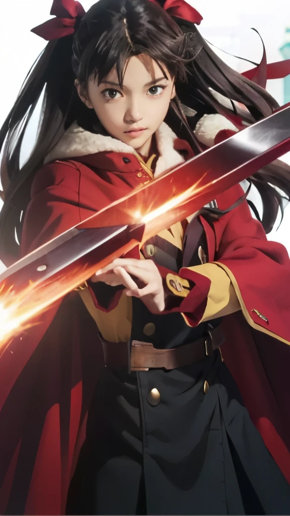 a woman in a red coat holding a sword and a red cape, anime style like fate/stay night, rin tohsaka, light novel cover art, anime moe artstyle, fate stay night, fate / stay night, half invoker half megumin, official artwork, detailed key anime art, makoto kano, by Jin Homura, fate grand order