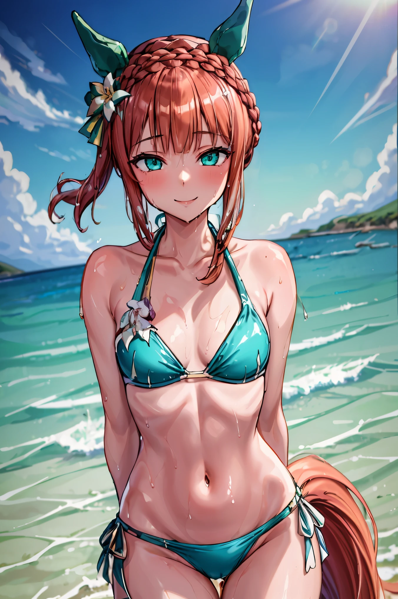 (masterpiece, best quality:1.2), cowboy shot, solo, 1girl, (whore outfit), silencesuzuka, green eyes, horse tail, horse ears, crown braid, hair flower, aqua bikini, bare shoulders, bikini, swimsuit, flower, smile, wet hair, beach, arm behind back, wet, shiny glossy skin,  (flat chest), cleavage, nsfw