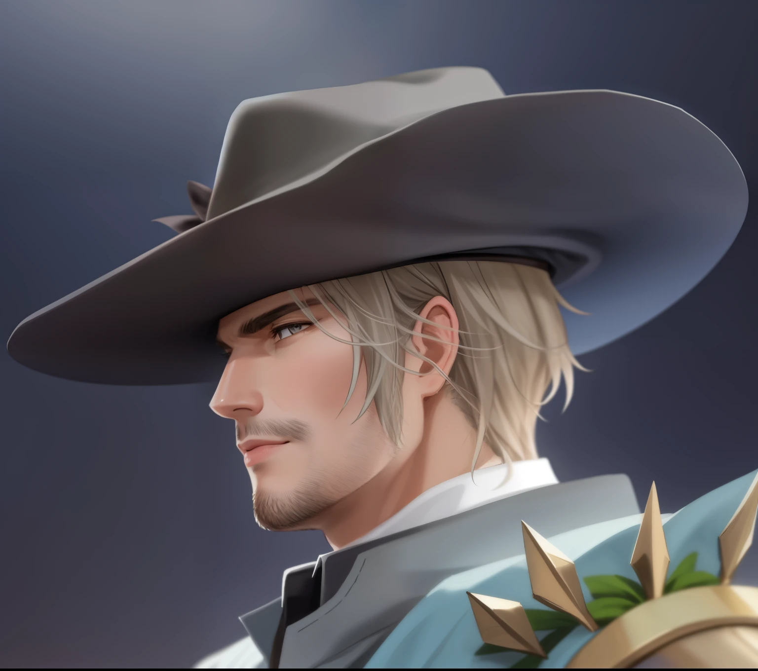 One with a hat、Close-up of man in suit, Ultra-detailed portraits, Squinting at noon, Character art close-up, Character close-up, close-up character, Character close-up, portrait close-up, reduced portrait of the duke, 2D concept art head macro shot, Dragoon portrait, From Overwatch, gray hair and cowboy hat