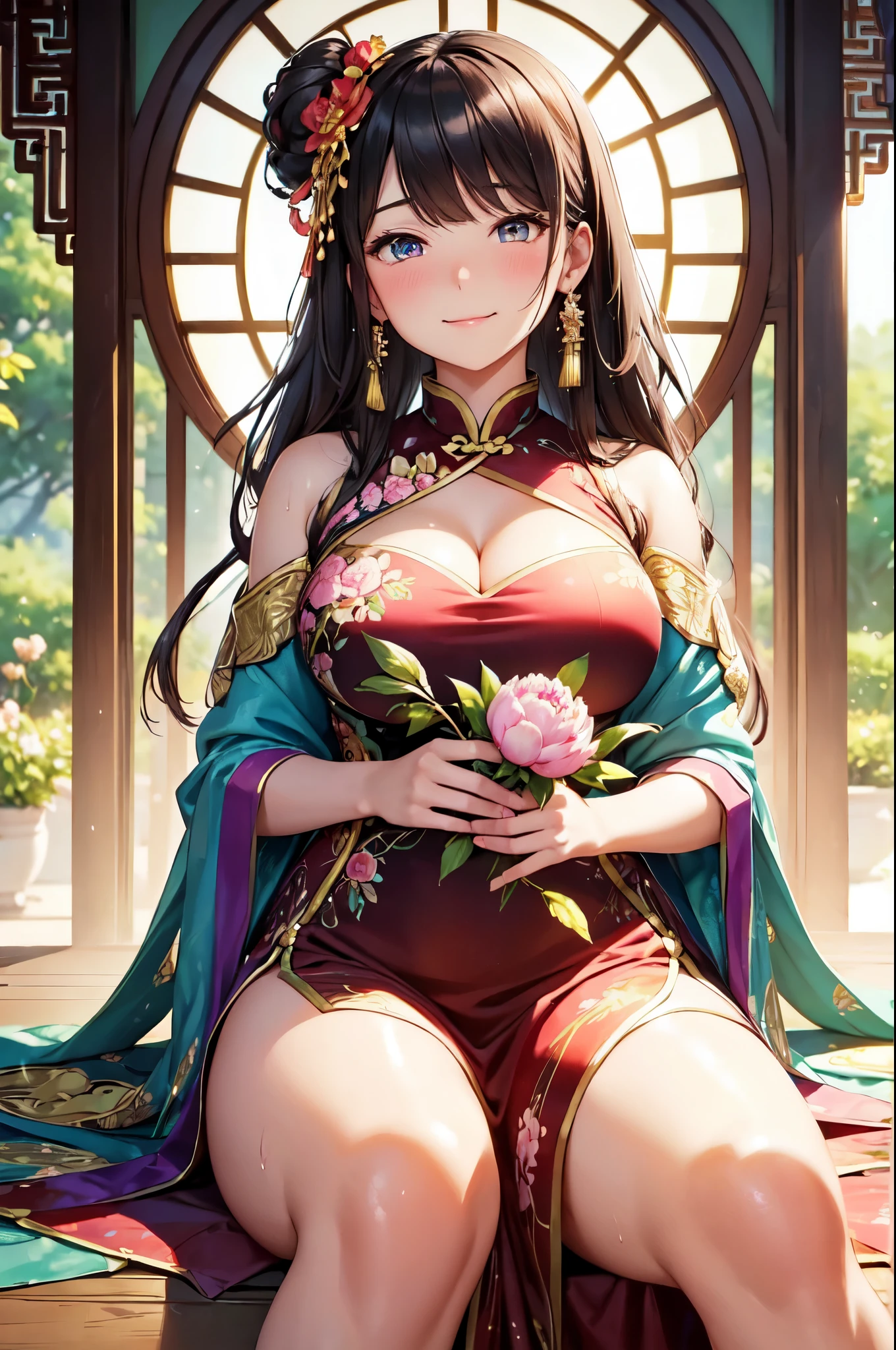 (High quality, High resolution, Fine details), peonies in full bloom, lush garden backdrop, multicolor Chinese dress, body-hugging silhouette, gorgeous silk fabric flowing, painted and embroidered patterns, delicate floral motifs, elaborate golden embroidery, lustrous texture, adorned with a flower hairpin, solo, curvy women, dark hair cascading down, sparkling eyes, (Detailed eyes:1.2), smile, blush, Sweat, Oily skin, soft natural lighting, shallow depth of field
