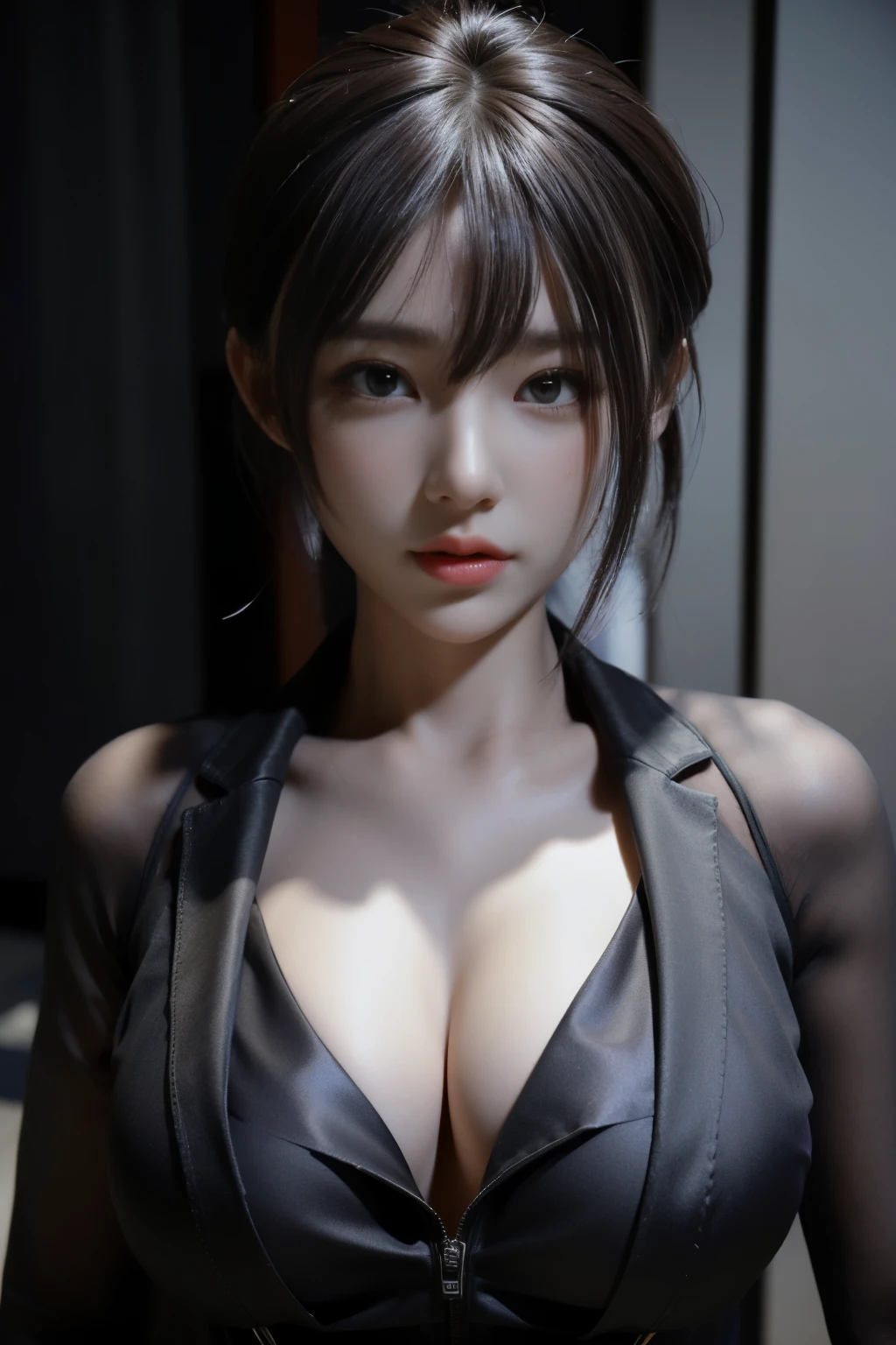 Game art，The best picture quality，Highest resolution，8K，(A bust photograph)，(Portrait)，(A bust:1.5)，(Head close-up:1.1)，(Rule of thirds)，Unreal Engine 5 rendering works，
A 20-year-old female secretary,（Grey short hair）,(Full breasts),Delicate make-up,(Wearing an open suit,Suit jacket)，A haughty expression，Graceful，Modern women in the workplace，
photo poses，simple background，Movie lights，Ray tracing，Game CG，((3D Unreal Engine))，OC rendering reflection pattern