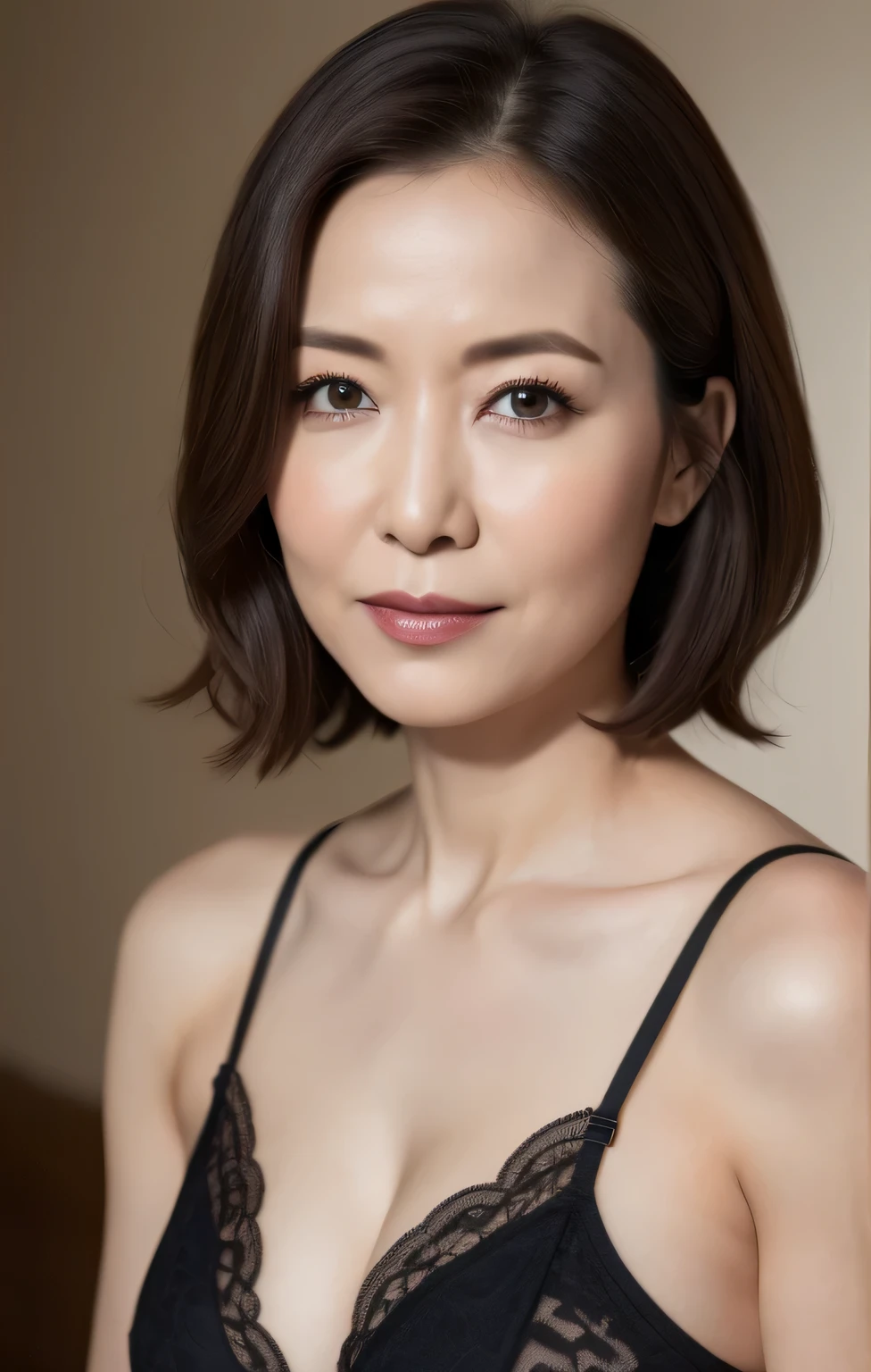 Japanese, Short women, Physical build, Short arms, Long, narrow eyes, Fleeting atmosphere, 40-year-old woman, Brown Bob Hair, ((Thin lips)), lingerie, Pieces fly, Highest quality, Detailed skin, Fine grain, ,8K, Excellent anatomy, Upper body portrait、gray plain background,明るいsmile、Large Breasts、smile