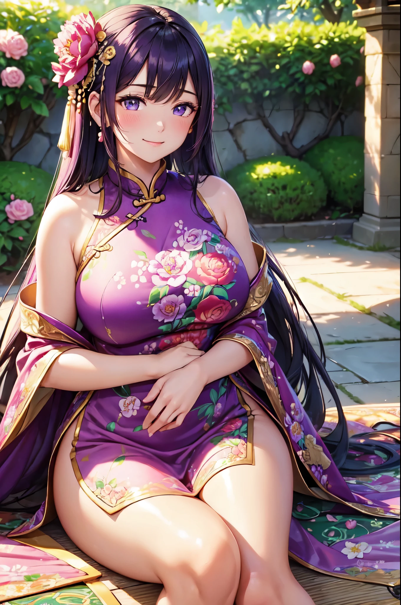 (High quality, High resolution, Fine details), peonies in full bloom, lush garden backdrop, multicolor Chinese dress, body-hugging silhouette, gorgeous silk fabric flowing, painted and embroidered patterns, delicate floral motifs, elaborate golden embroidery, lustrous texture, adorned with a flower hairpin, solo, curvy women, purple hair cascading down, sparkling eyes, (Detailed eyes:1.2), smile, blush, Sweat, Oily skin, soft natural lighting, shallow depth of field
