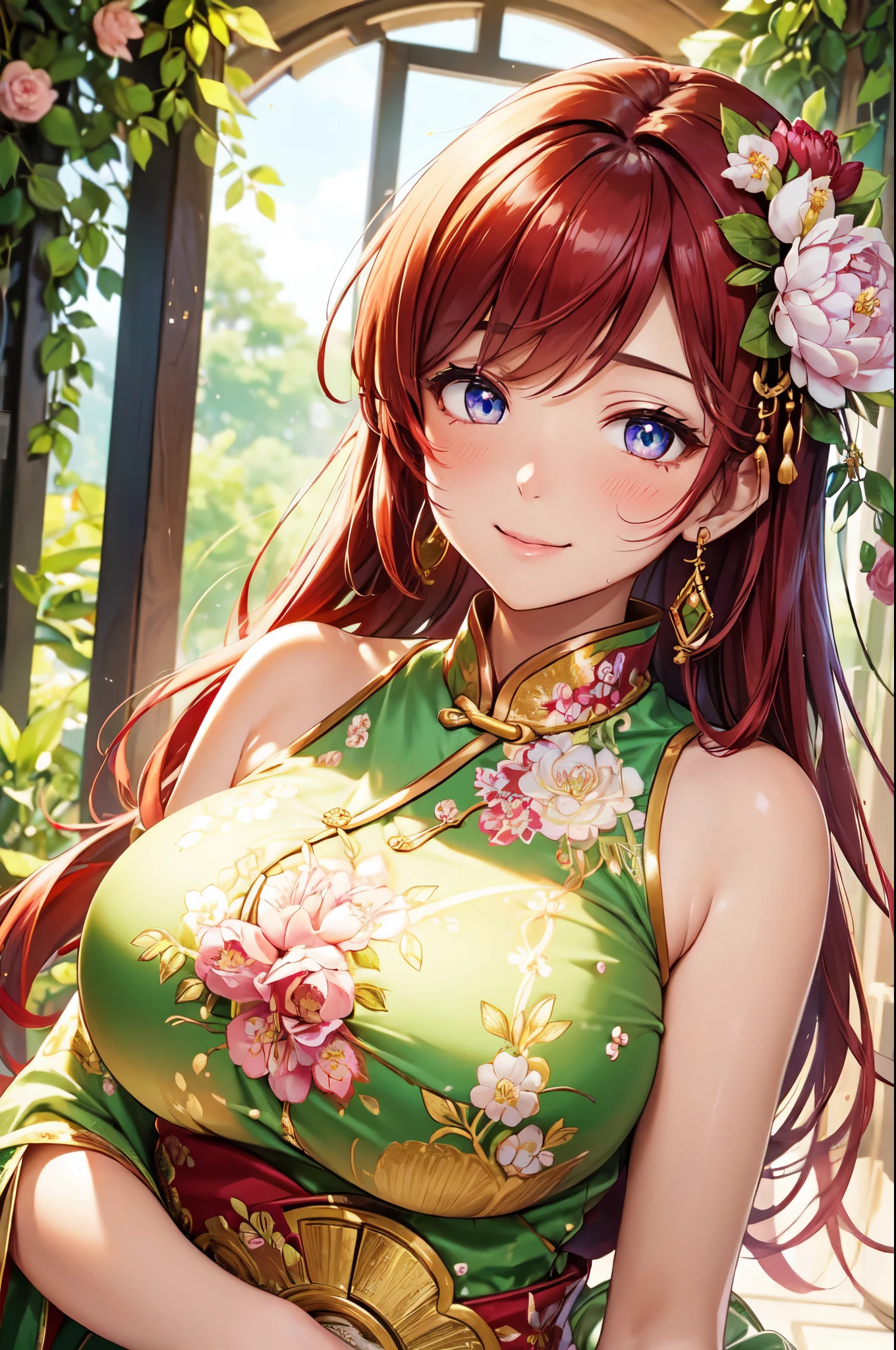 (High quality, High resolution, Fine details), peonies in full bloom, lush garden backdrop, multicolor Chinese dress, body-hugging silhouette, gorgeous silk fabric flowing, painted and embroidered patterns, delicate floral motifs, elaborate golden embroidery, lustrous texture, adorned with a flower hairpin, solo, curvy women, red hair cascading down, sparkling eyes, (Detailed eyes:1.2), smile, blush, Sweat, Oily skin, soft natural lighting, shallow depth of field