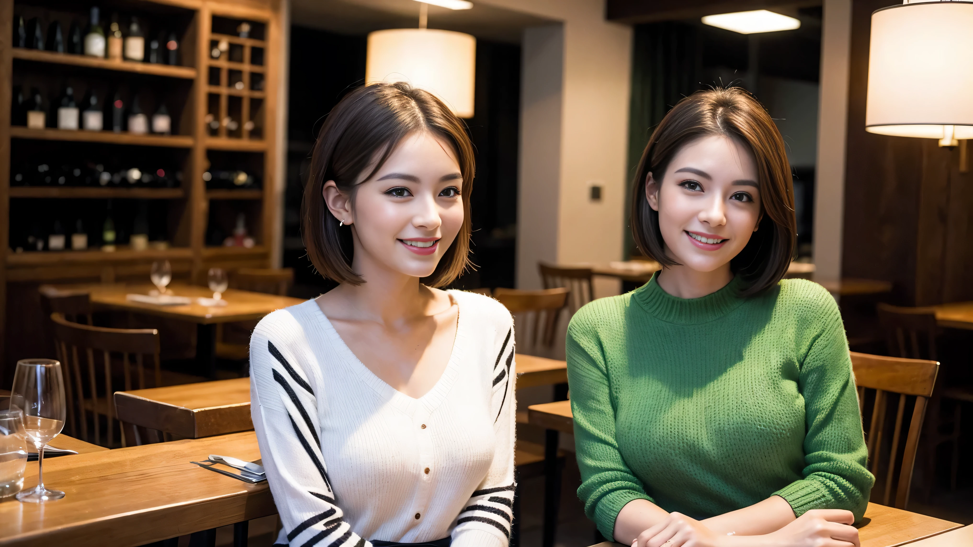 (including 64k、nffsw、highest quality、masterpiece:1.2)、(realistic、Photoreal:1.37)、Super detailed、wine glass、while enjoying wine、mature woman、two beautiful women、(slim face)、(because I'thin)、(brown hair)、(shortcut)、Latino、smileのフランス人女性、happy italian girl、british woman、Americana、cheeks are a little red、(38 years)、42 years old、red wine、窓の外には美しく緻密なnight景が広がります.......、restaurant、目立つ場所にあるwine glass、night、(from the waist up)、sit on top、date、(laughter:1.15)、thin and beautiful eyes、cashmere sweater、long sleeve dress、Japanese、(short hair:1.2)、Float NovaFrogStyle、、modeled、from the waist up、White wine、turned into slime、wine glass、超綺麗なnight景、wine glassを真ん中に置きます、smile、(8k、RAW photo、highest quality、masterpiece:1.2)、(realistic、Photoreal:1.37)、Super detailed、ultra high resolution、2 females、see the beholder、beautiful and detailed face、laughter、narrow、(slim waist) :1.3)、knit shirt、Fine and beautiful skin、skin texture、floating hair、professional light needle breast、kind eyes