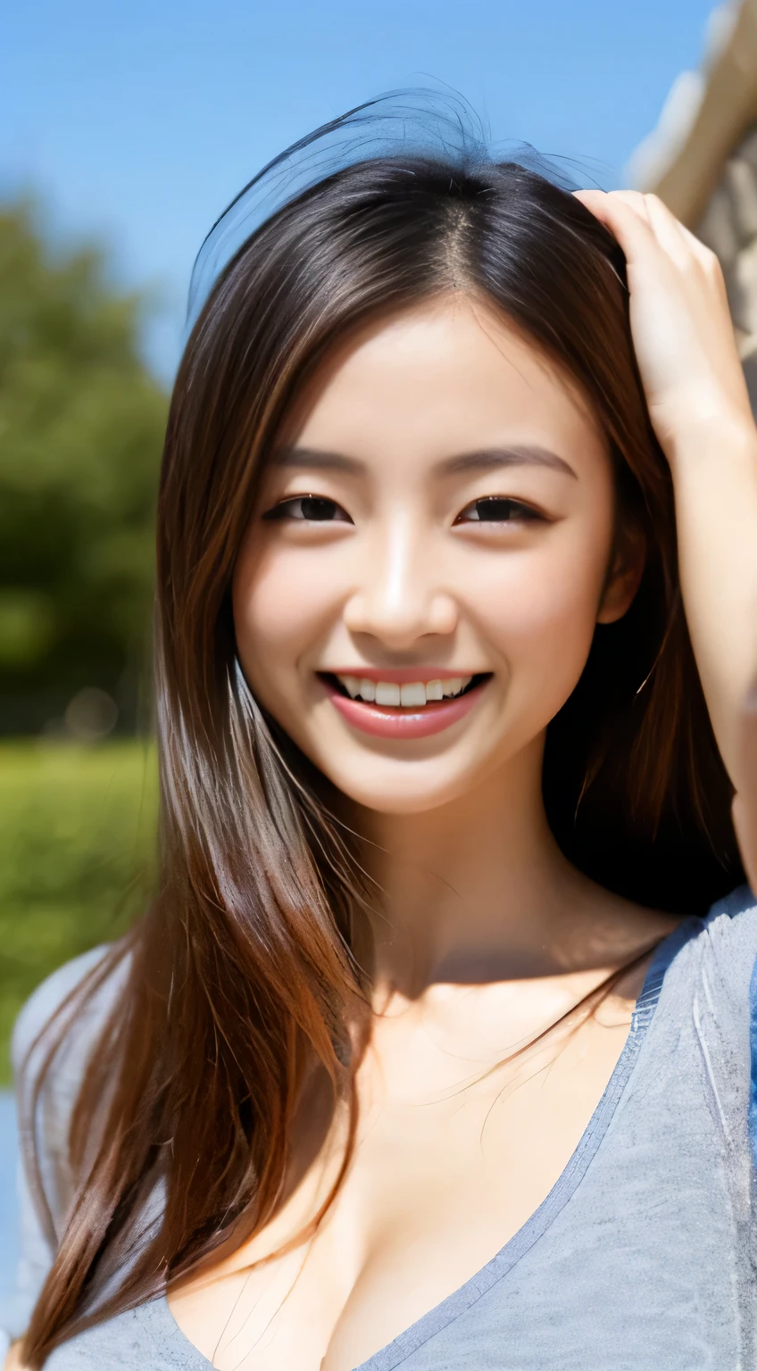 Japanese ),((beautiful girl)),cleavage,An expression that imagines something pleasant:1.2,(perfect body beauty:1.2),((perfect body)),(shy smile),beautiful teeth,