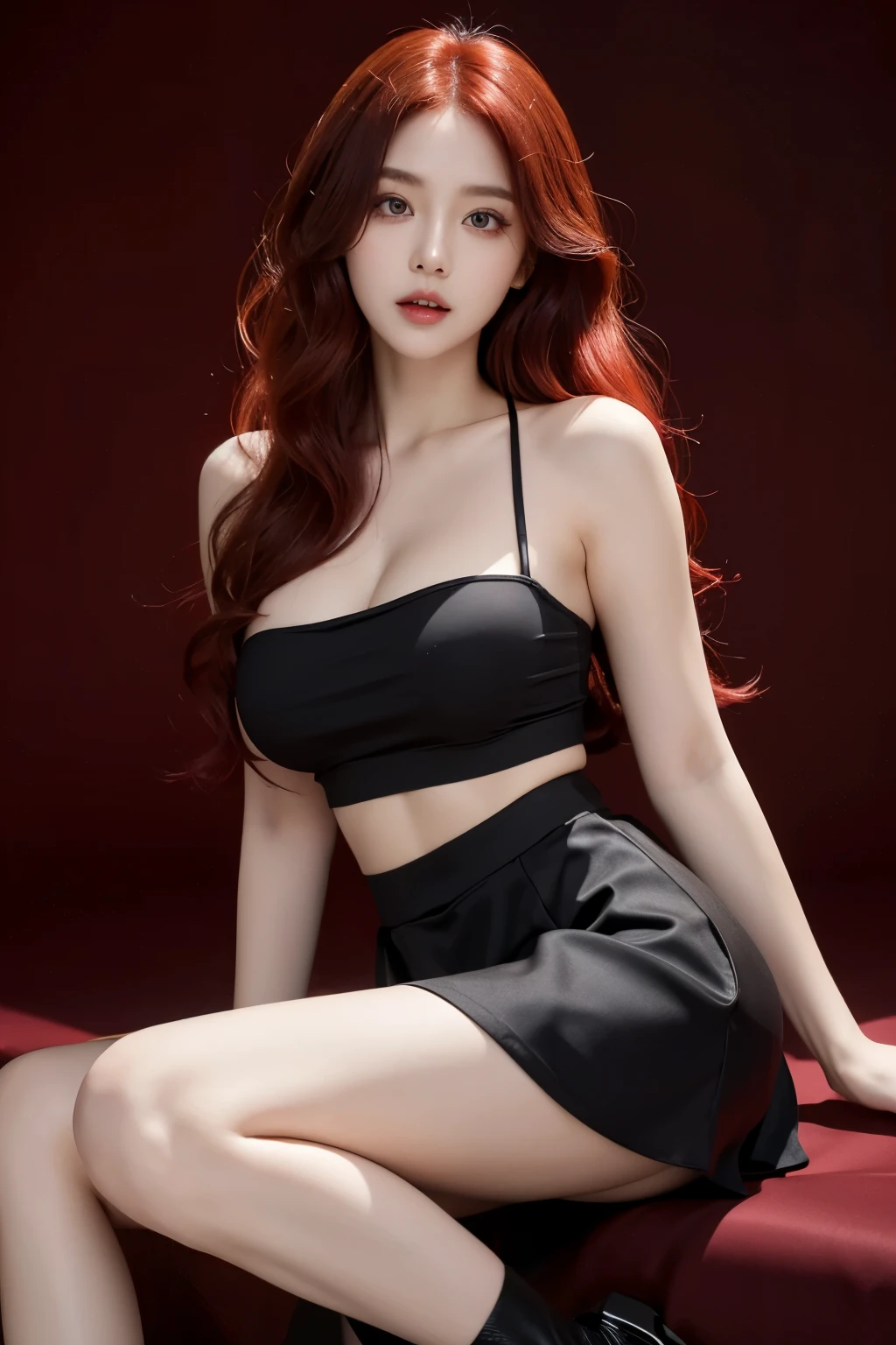 clear background，wavy hair，wine red hair color，big eyes，beautiful eyes，full-body shot，ultra high definition，Black silk mesh，sexy，miniskirt，tube top，Hot body，sexy红唇，Mouth slightly open，Charming expression，，sideways