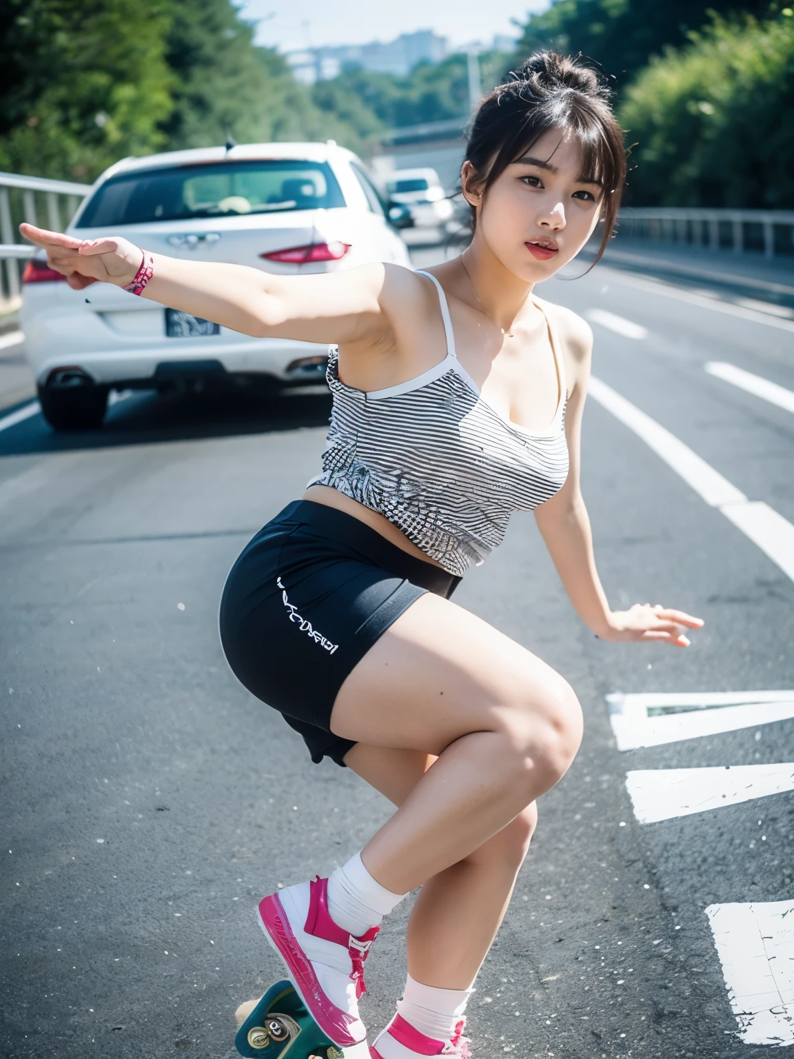 Downhill skateboarding, highway, action photoshoot, 1girl, teen, asian, (Thick body:0.5), (Sexy outfit:1.4), (hotpants:1.3) (Dynamic skateboarding pose:1.3), skateboarding on the highway, knee guard, fishnet legging, 