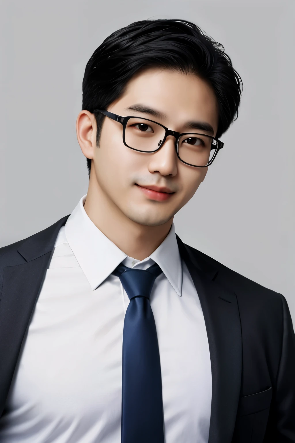(protrait photo)asian man, 30 years old, project Manager。wear glasses,He is wearing a dark suit, Pair with a white shirt and dark tie。His hair is neat, Face clean and clean, round face,short hair,Eyes reveal wisdom and confidence。He smiles and looks at the camera, Convey a professional and capable temperament, Ultra high quality, masterpiece, textured skin, high quality, high resolution, best quality, high detail,Half-length photo,ID photo