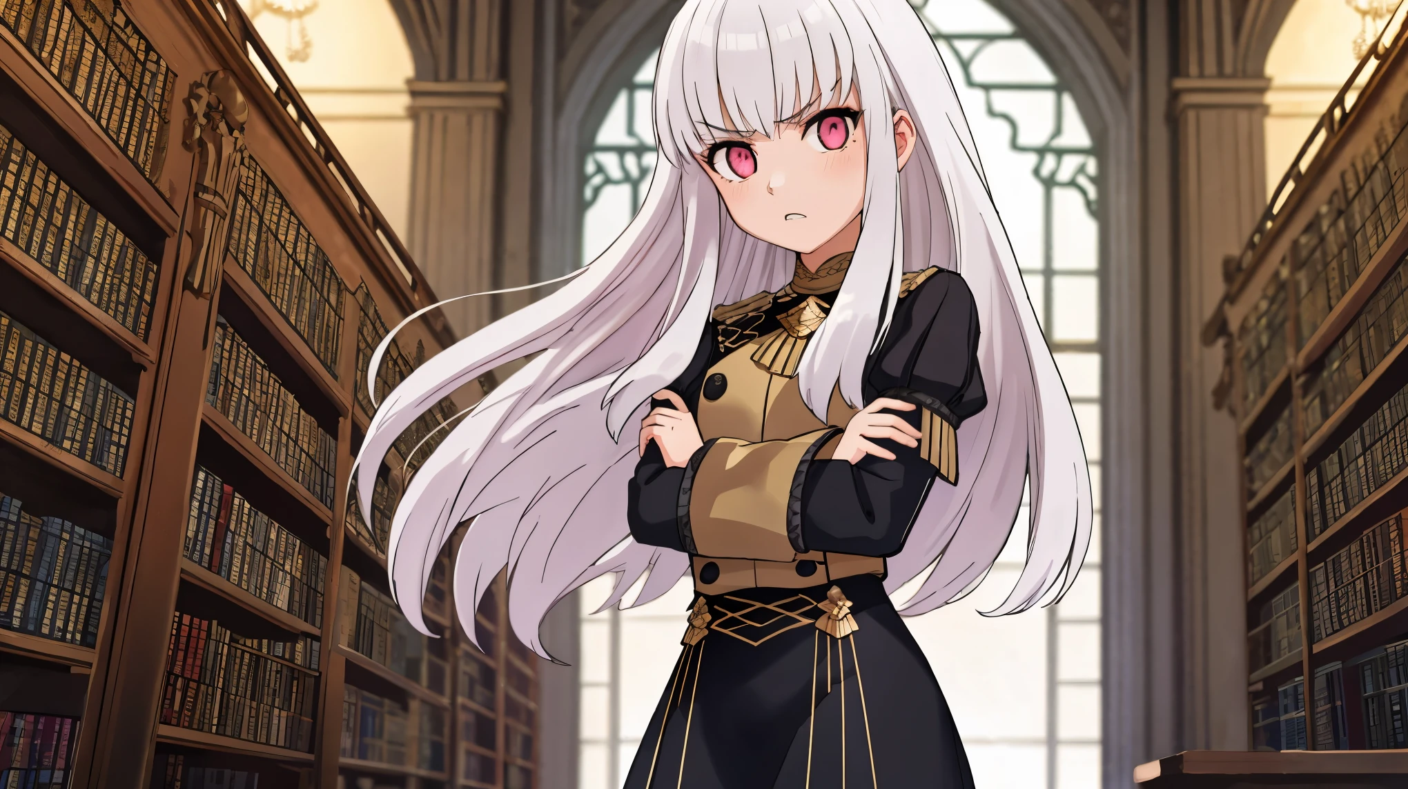 (masterpiece:1.2), best quality, high resolution, unity 8k wallpaper, (illustration), extremely detailed face, perfect lighting, extremely detailed CG, (beautiful detailed eyes:1.2), 1girl, solo, lysithea, white hair, garreg mach monastery uniform, long sleeves, blue pantyhose, black skirt, (annoyed), pink eyes, looking at viewer, standing, indoor, library, crossed arms