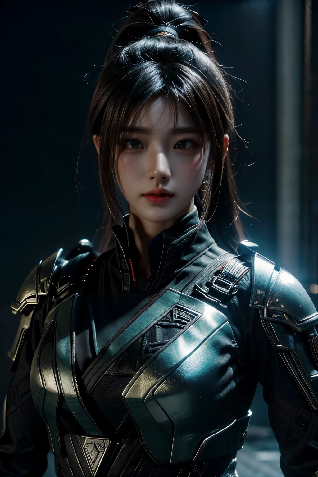 Game art，The best picture quality，Highest resolution，8K，(A bust photograph)，(A bust:1.5)，(Portrait)，(Head close-up)，(Rule of thirds)，Unreal Engine 5 rendering works， (The Girl of the Future)，(Female Warrior)， 
20-year-old girl，An eye rich in detail，(Big breasts)，Elegant and noble，indifferent，brave，
(Future style combat suit combining the characteristics of ancient armor，Ancient runes of light，Combat accessories with rich details，Metallic luster)，Future police，cyberpunk characters，

photo poses，simple background，Movie lights，Ray tracing，Game CG，((3D Unreal Engine))，OC rendering reflection pattern