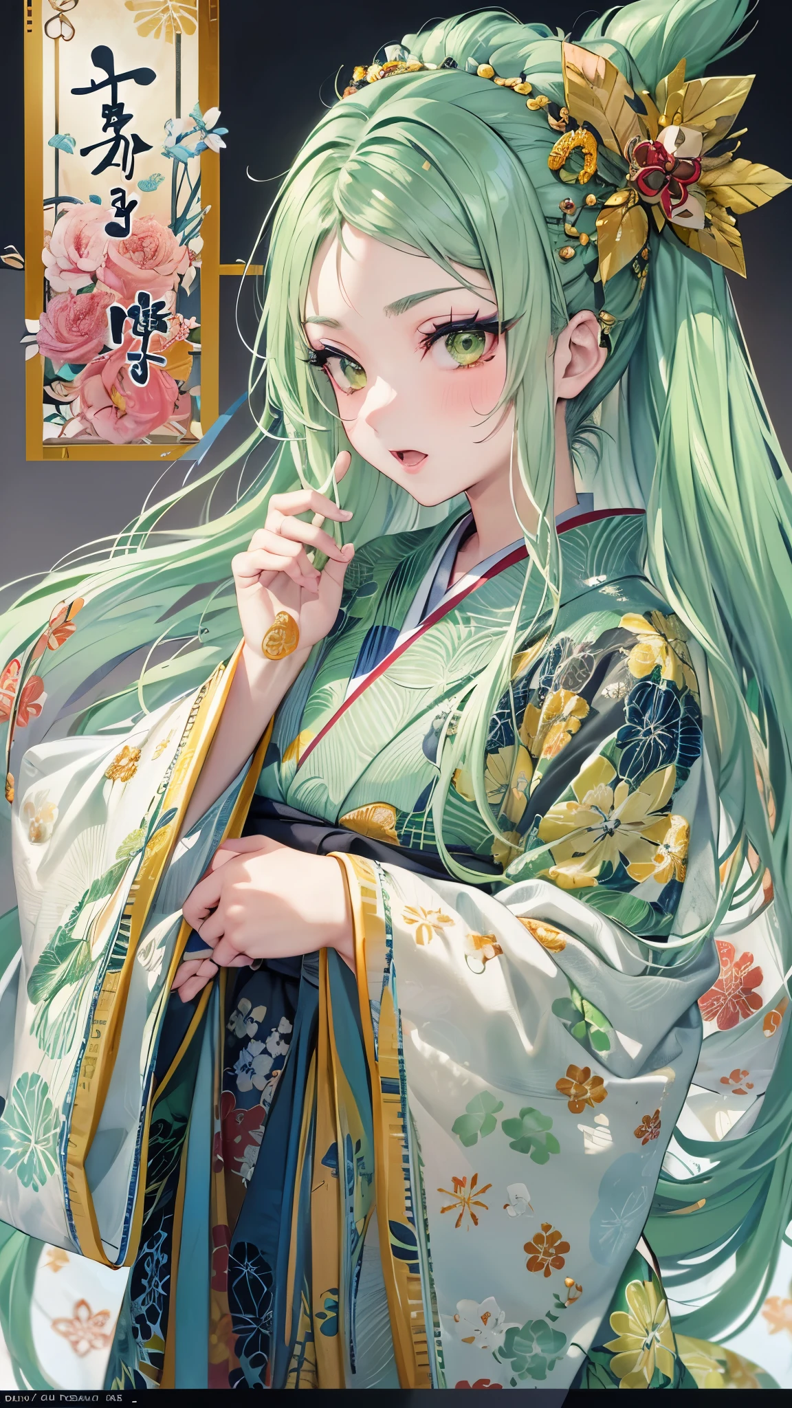 (solo:1.3 Kabuki actors, kabuki hair green hair immensely cute girl, , ((kabuki makeup face)), cute yellow eyes, in a immensely green kabuki kimono) is (((playing female roles at Hakataza Theater))), break, perfect anatomy, masterpiece:1.2, best quality, 8k, beautiful detailed grow, daydreaming expression.