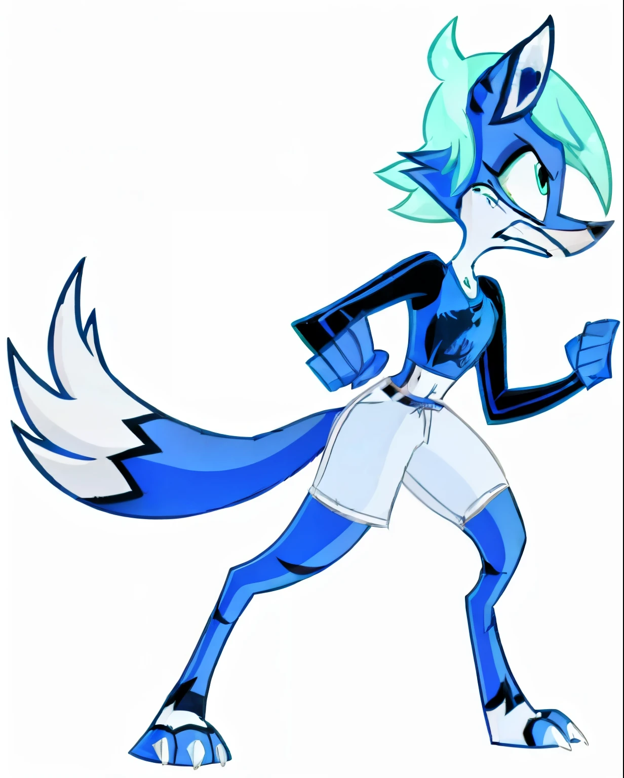 (Vivziepop style), , zoophobia, (by vivzmind), solo, feline, wolf, blue fur, aqua green eyes, by vivzmind, (best quality, masterpiece:1), detailed, no humans, furry, anthro