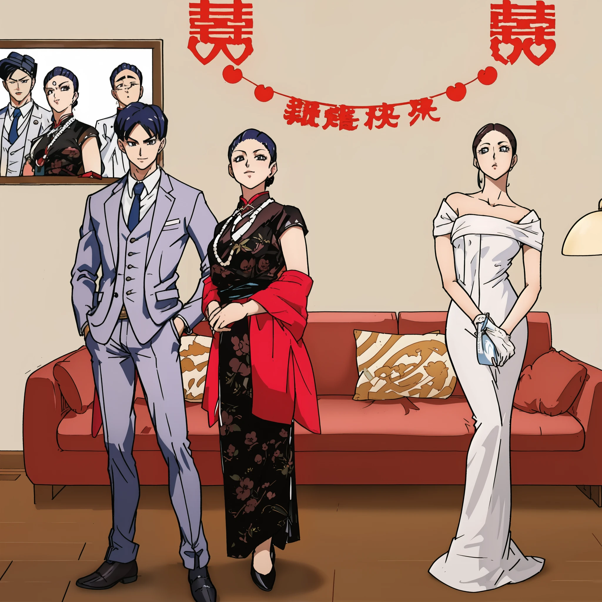 There are three people standing in the living room, GTA Chinatown art style, Ace lawyer style, phoenix wright, Official fan art, High quality fan art, Movie promotional pictures, Inspired by Yao Tingmei, in phoenix wright ace attorney, Inspired by Chen Daofu, 2 0 2 0 s Propaganda Art, Inspired by Zou Yigui, Award-winning anime style，Woman in white dress has her hands tied