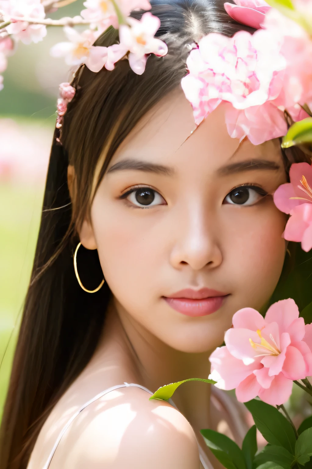 (masterpiece、High resolution,high quality)、((It's spring)),perfect beautiful girl、model、Sweet perfume、azalea,