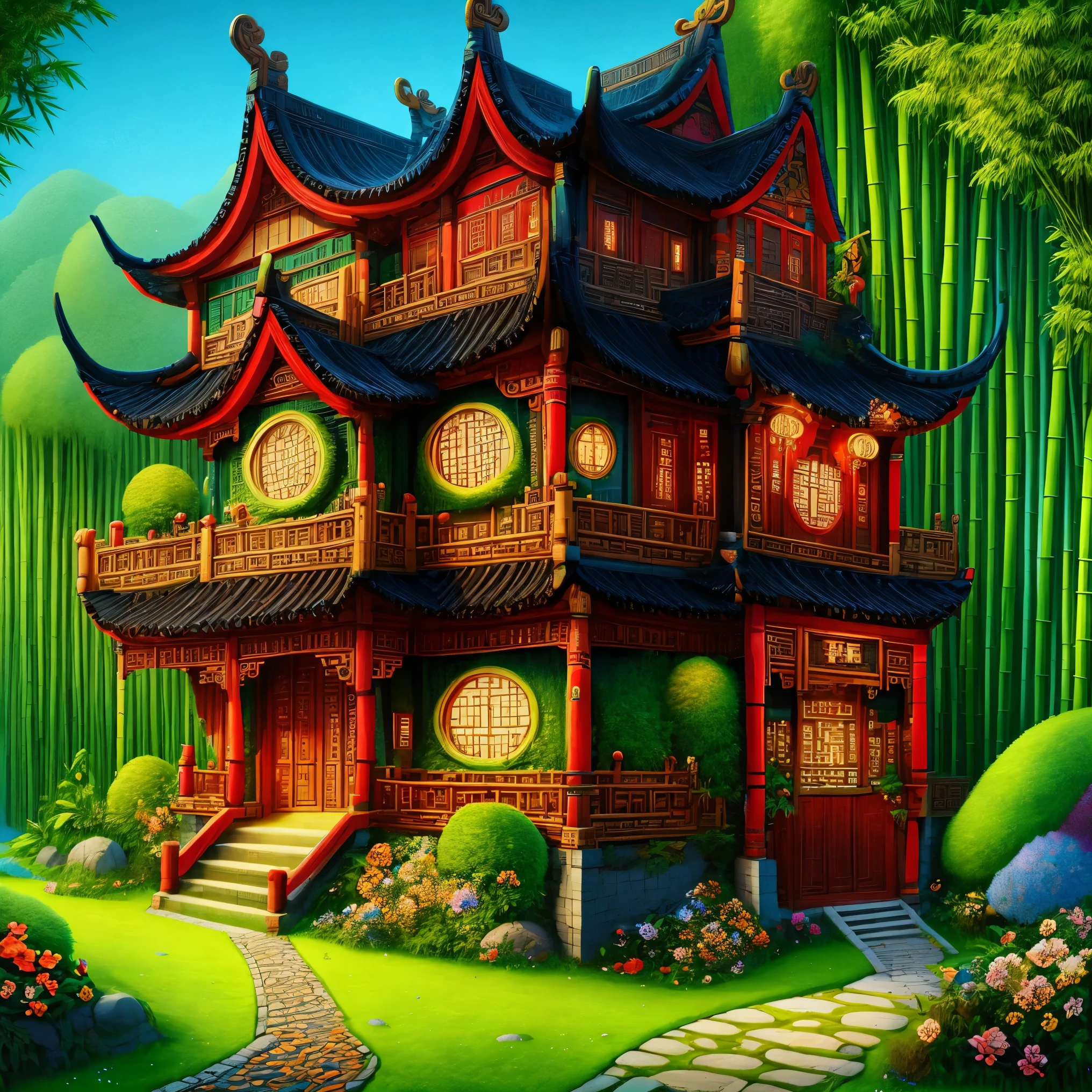 3d，Cartoon，ancient Chinese house，bright colors，traditional building，bamboo forest，Black tile roof，Flower path，wood carving，warm light，Fantasy，whimsical，composition，masterpiece，Exquisite，Color，Amazing visual effects，Crazy details，intricate details，HD