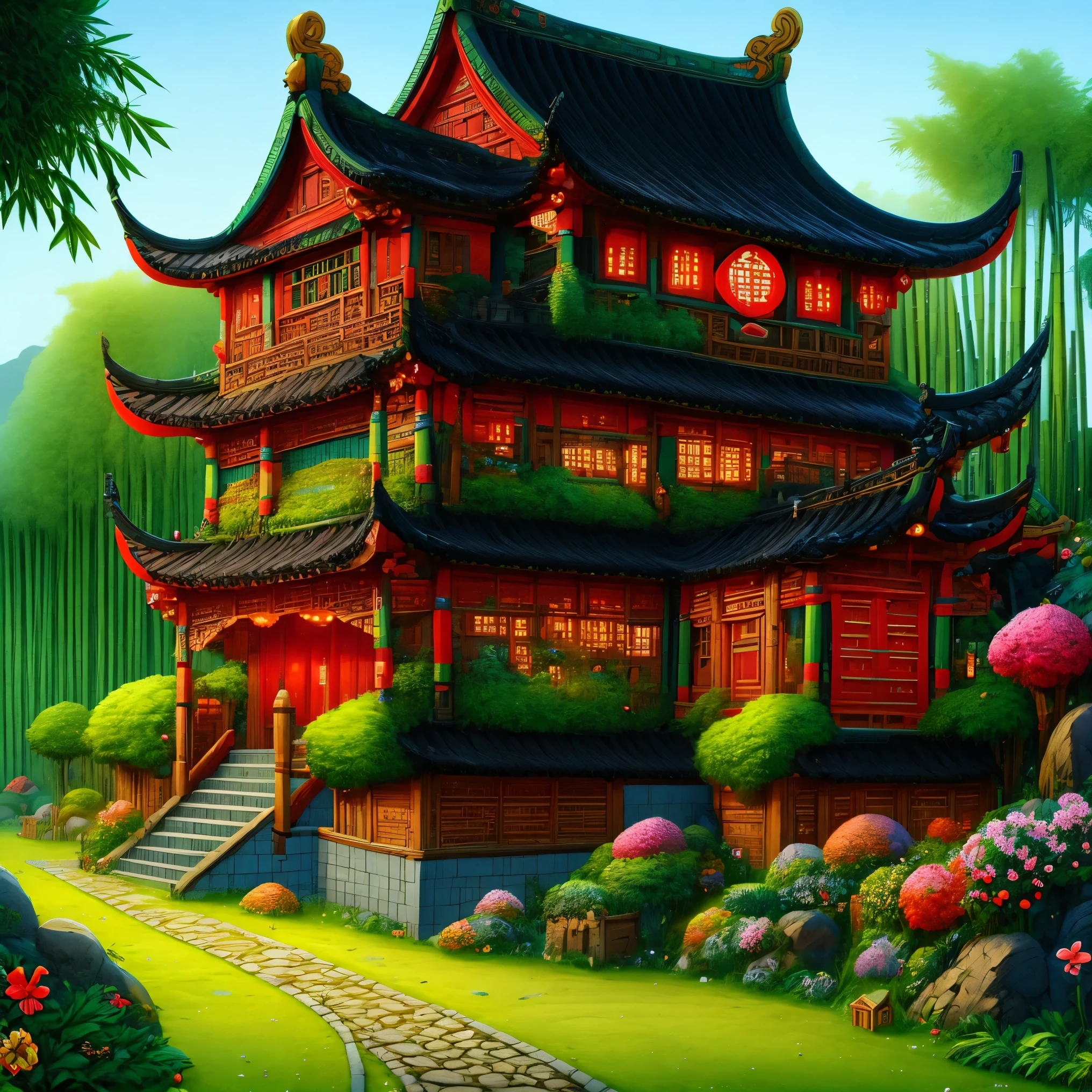 3d，Cartoon，ancient Chinese house，bright colors，traditional building，bamboo forest，Black tile roof，Flower path，wood carving，warm light，Fantasy，whimsical，composition，masterpiece，Exquisite，Color，Amazing visual effects，Crazy details，intricate details，HD