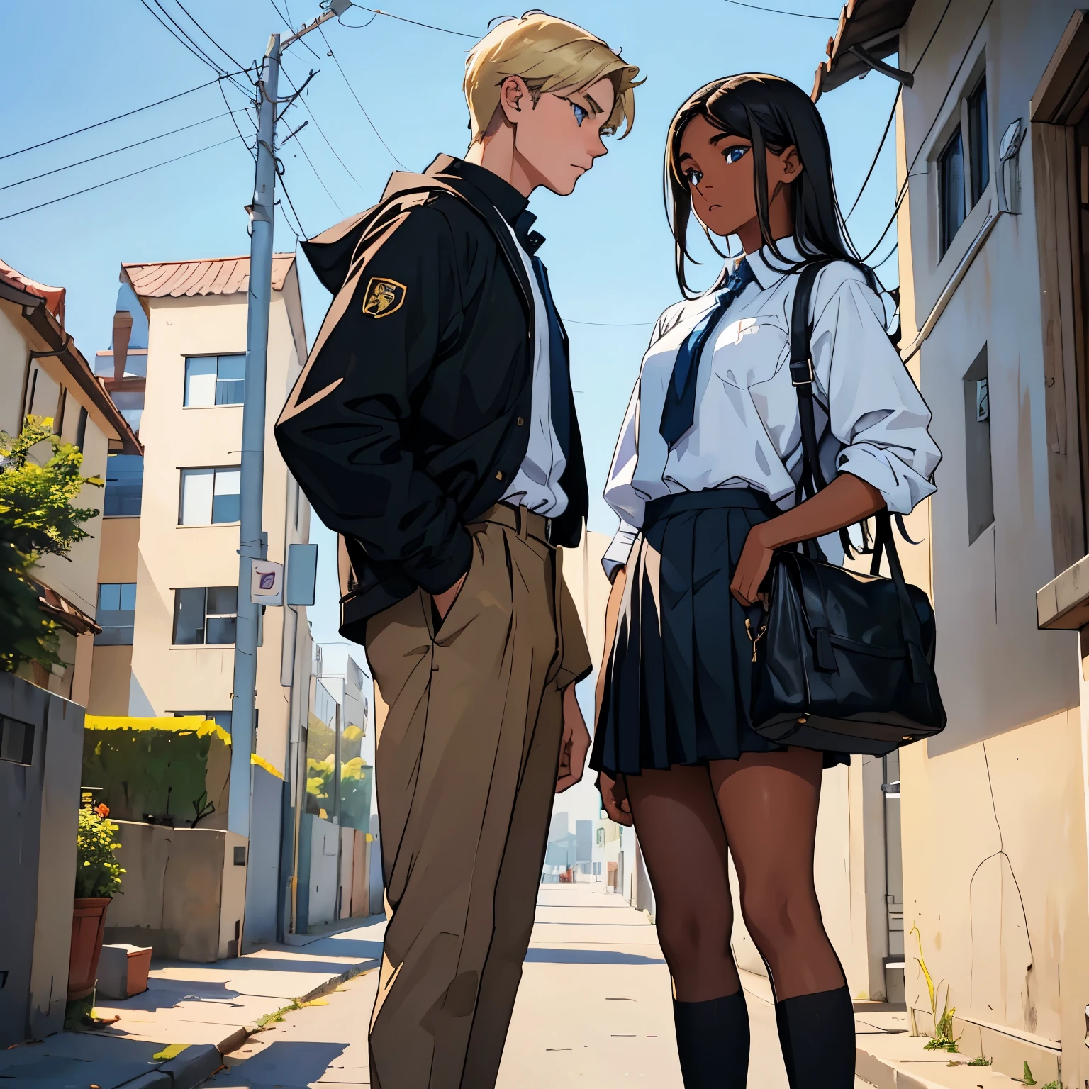  girl black hair short, dark skin, brown eyes wearing simple school uniform,  standing face to face with a white guy with blond hair and blue eyes