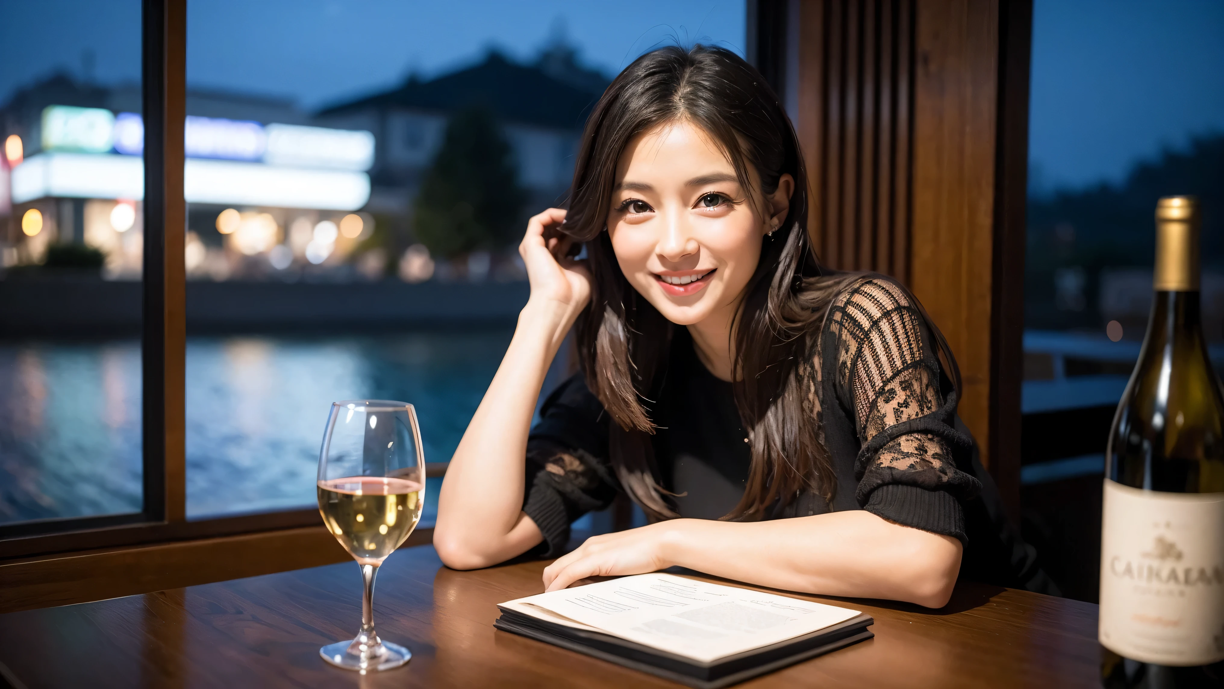 (including 64k, nffsw, highest quality, table top: 1.2), (realistic, realistic: 1.37), pretty woman 1, (slimフェイス), (because I'thin), (brown hair), (shortcut), cheeks turn a little red, (40 years old), 38 years, alone, 窓の外には美しく緻密なnight景が広がります..., restaurant, wine glassに座って, nightに, in a prominent place (from the waist up) nova frog style, actress, model, Upper body, White wine, slim, wine glass, とてもきれいなnight景, 真ん中に置かれたwine glass, smile, (smile: 1.15), Beautiful little eyes, Upper body, bust japan up, night, short, short, actress, model, Upper body, White wine, slim, wine glass, とてもきれいなnight景, 真ん中に置かれたwine glass, smile,