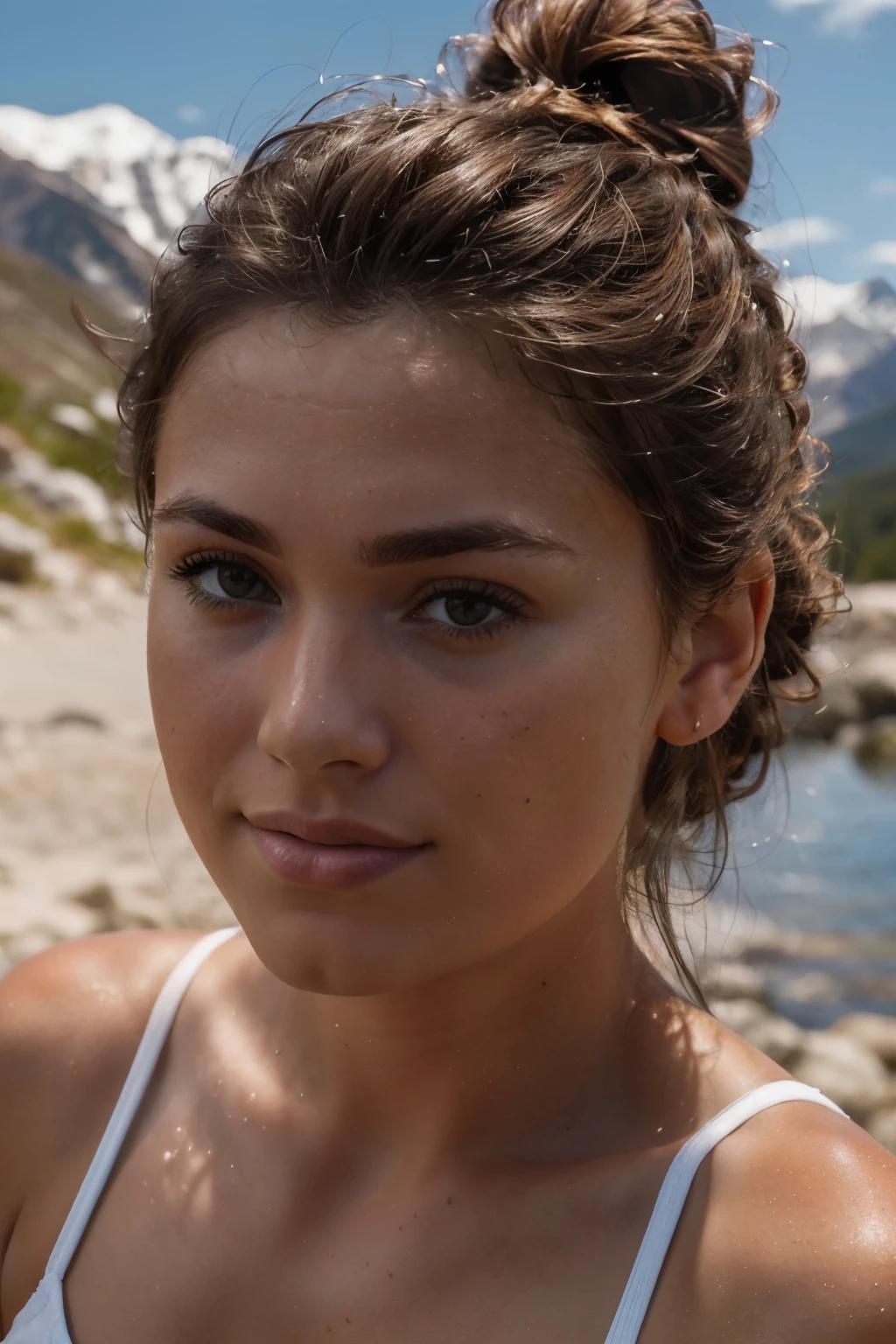 
(Best Quality:1.4), (Ultra High Resolution:1.2), (Photorealistic:1.4), (8 thousand, Raw Photo:1.2), 1Girl, Photo of a brunette, outdoors, face closeup, only face, front view,hair in a bun,  vacation, mountains, studio light, looks straight into the camera, frontlight, only face